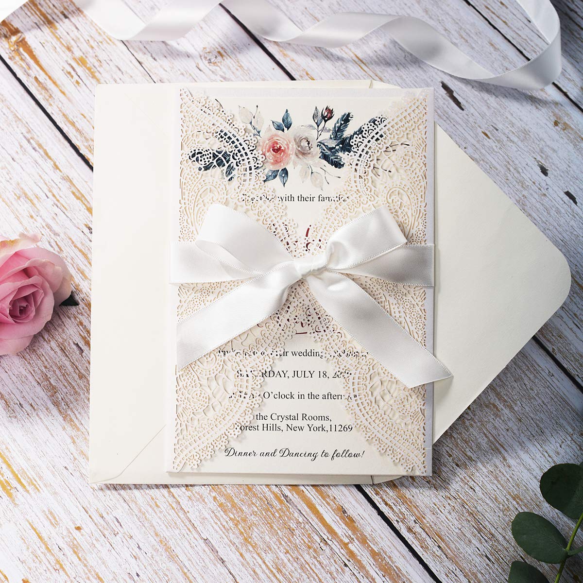 Tarjetas de invitación de encaje hueco, cortadas con láser, con hojas interiores de perlas y sobres, elegantes tarjetas de boda para despedidas de soltera, invitaciones de cumpleaños, 20 unidades