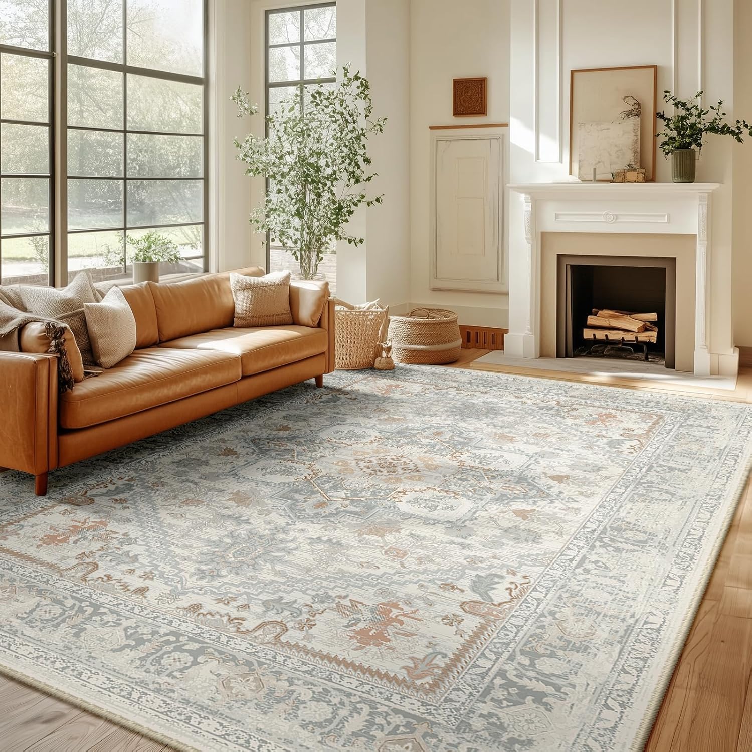 BESTSWEETIE 8x10 Area Rugs for Living Room Washable Non Slip Carpet Low Pile Soft Vintage Print Pattern Rug for Bedroom Dining Room Kitchen Entryway Indoor-Light Taupe/Brown