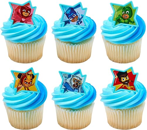 DecoPac PJ Masks Calling All Heroes! Anillos para decoración de cupcakes con Catboy, Owlette, Gekko y amigos. Decoración para tartas segura para