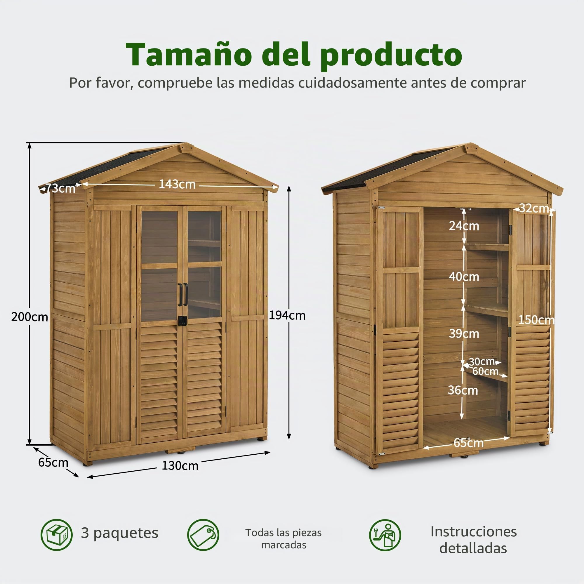 M MCombo Armario de Jardín de Madera Resistente a la Intemperie, Cobertizo de Herramientas al Aire Libre a Prueba de Agua, 74×143×200 cm (Naturaleza)