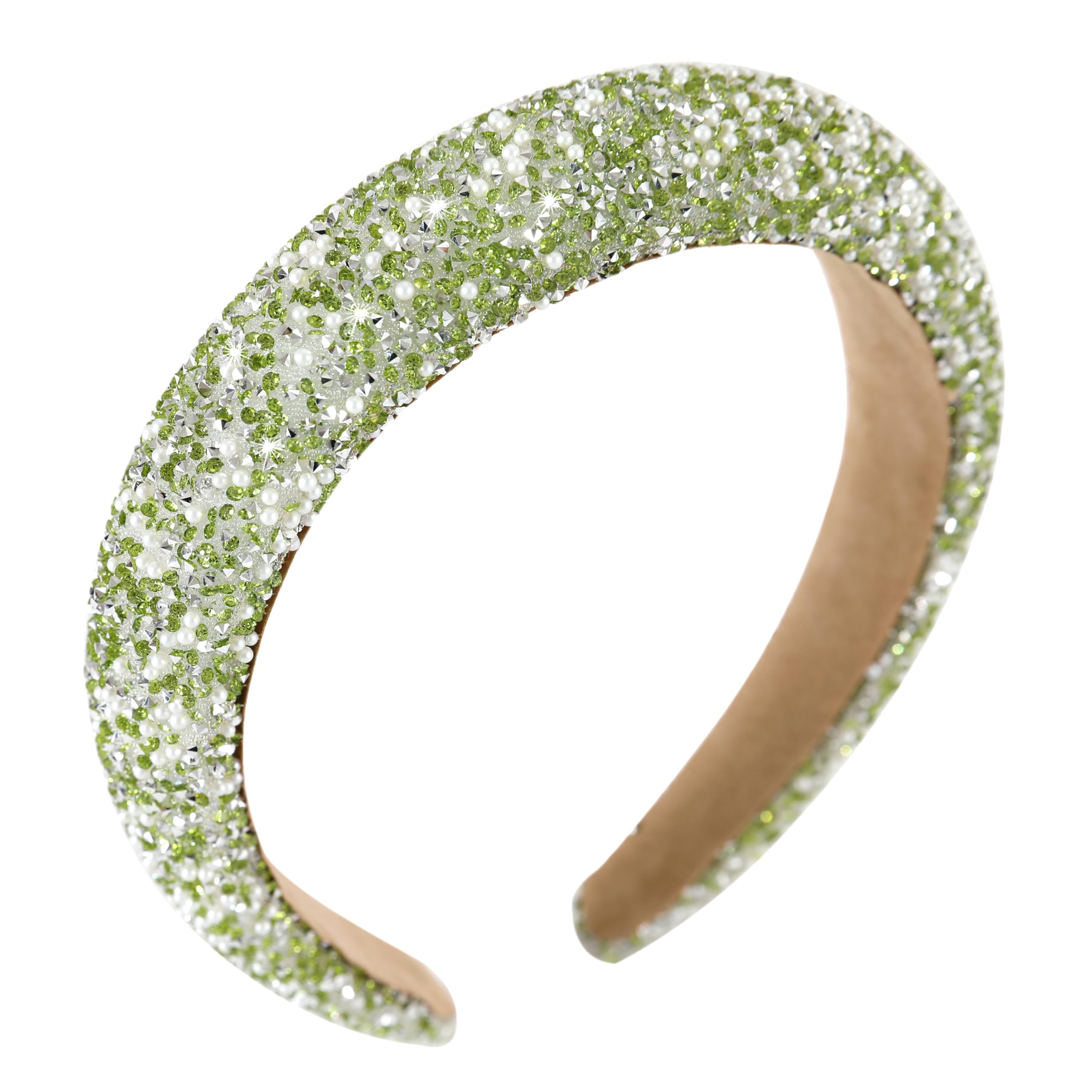 Gmmidea Pearl Rhinestone Women Headband Fashion Bling Beaded Crystal Diamond Headband Glitter Bejeweled Padded Hairband Holiday Girls Headpiece Sparkle Hair Accessories C-Green