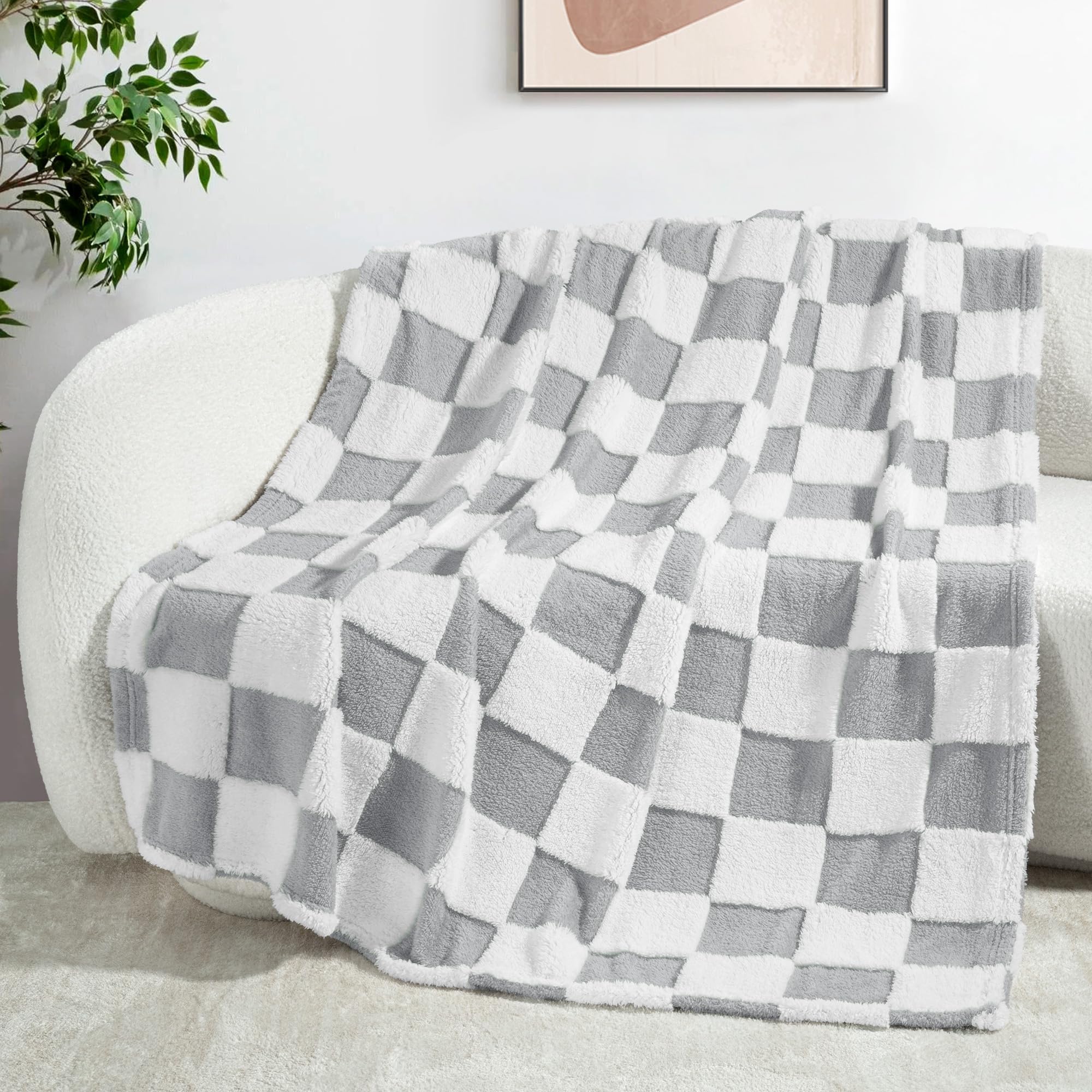 Exclusivo Mezcla Checkered Throw Blanket, Super Soft and Warm Fluffy Fleece Blanket for Couch, Sofa, Bed, Cute Plaid Pattern, Light Grey, 50" x 60"