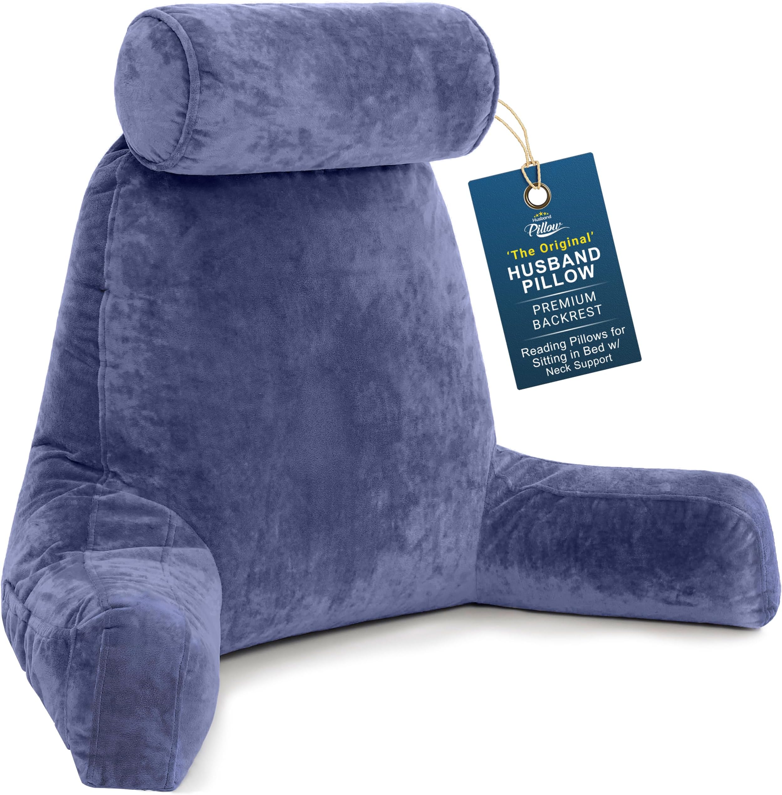 Husband Pillow XXL Dark Blue Backrest with Arms - Adult Reading Pillow Shredded Memory Foam, Ultra-Comfy Removable Microplush Cover & Detachable Neck Roll, Unmatched Support Bed Rest Sit Up Pillow