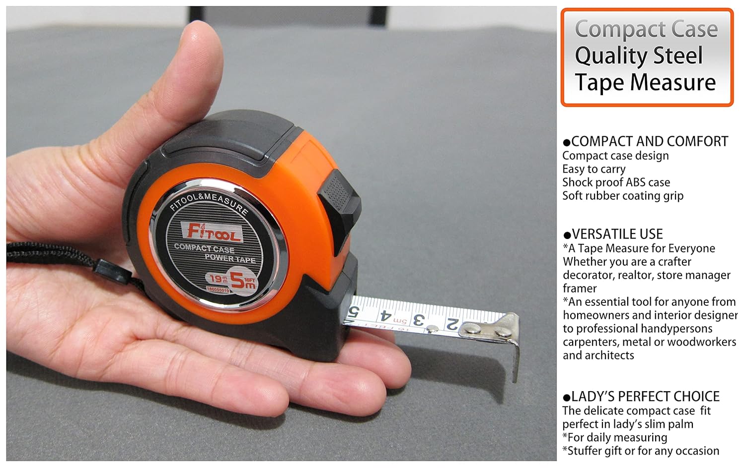 2-Pack Compact Case Quality Steel Tape Measure, Metric and Inches, Shock Proof ABS Case with Soft Rubber Coating Grip, for Construction, Surveyor's Measuring Tape 5M/16FT