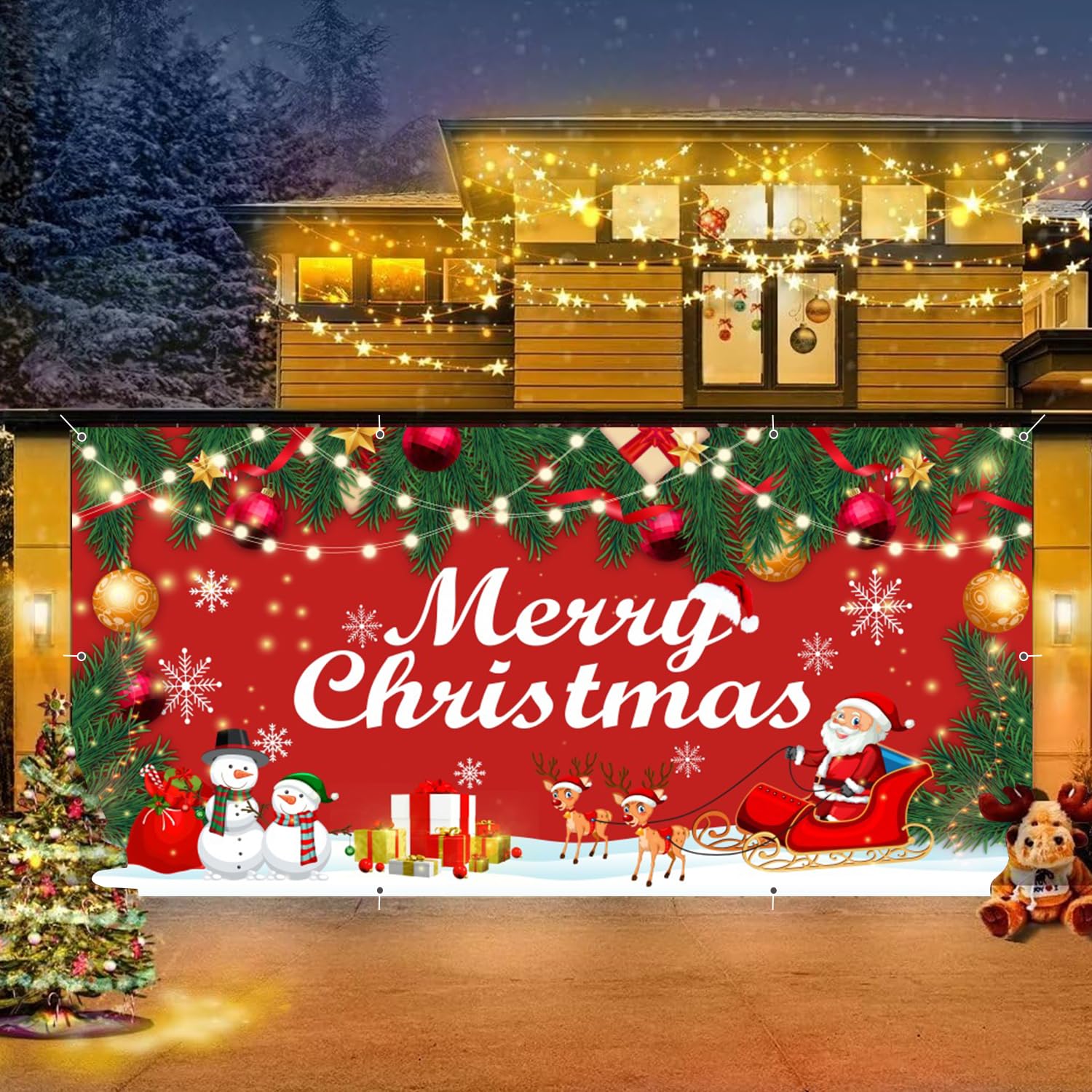 7 X 16 Ft Ultra Large Christmas Garage Door Banner Cover Murals, Santa Winter Snowman Christmas Garge Door Banner For Indoor And Outdoor (Color-F