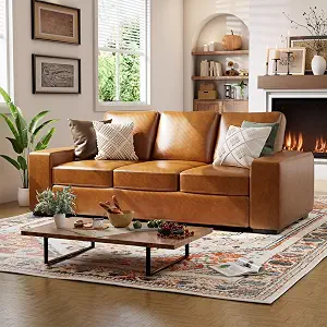 85" Luxury 3 Seater Sofa Couch for Living Room, Modern Upholstered Faux Leather, Brown