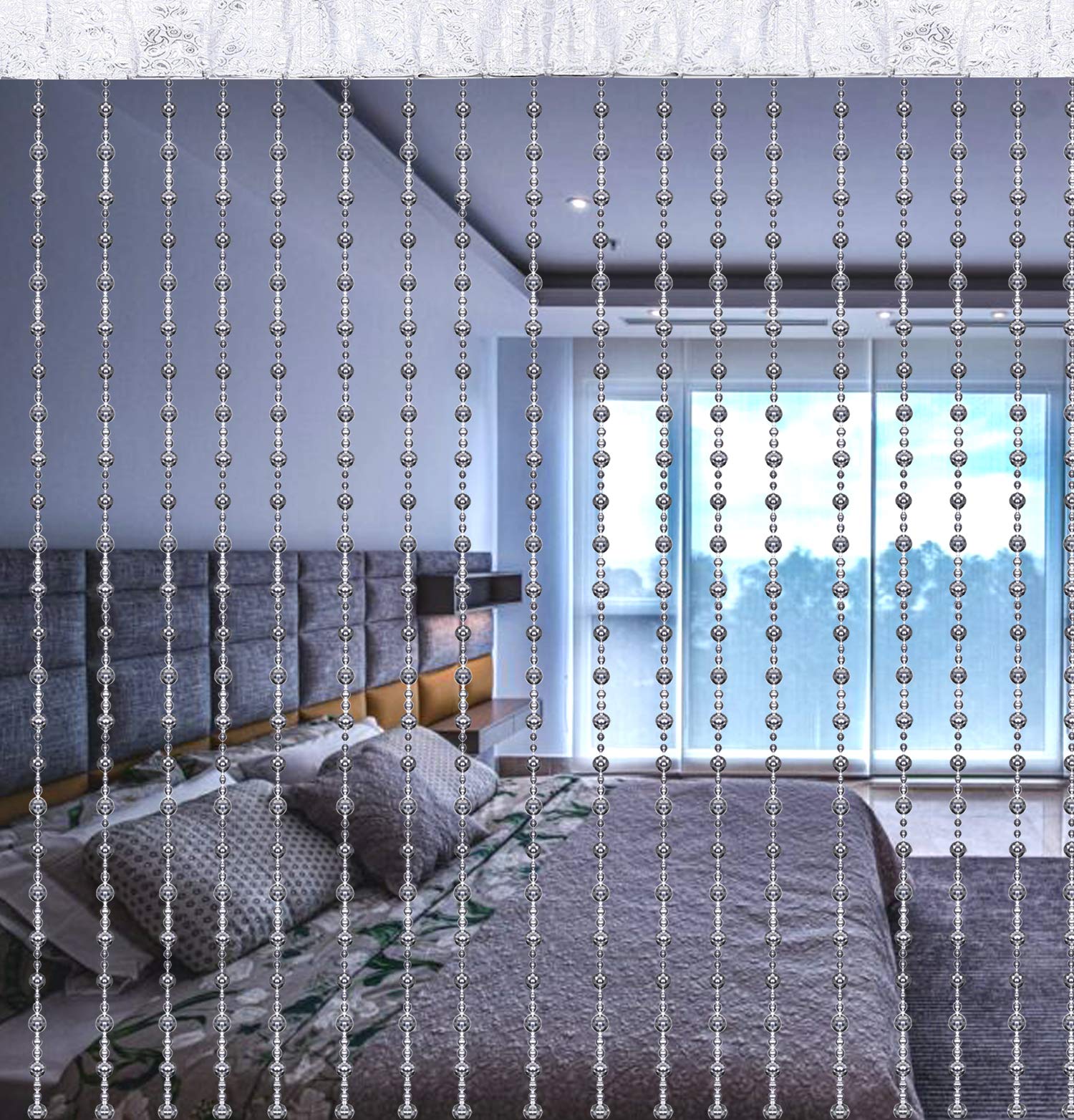 KUBER INDUSTRIES Strings Bead Curtain Fancy Sparkling Door Window String Beads Thread Sheer Shear Rod Room Hanging Solid,7 x 4 Ft(Silver)