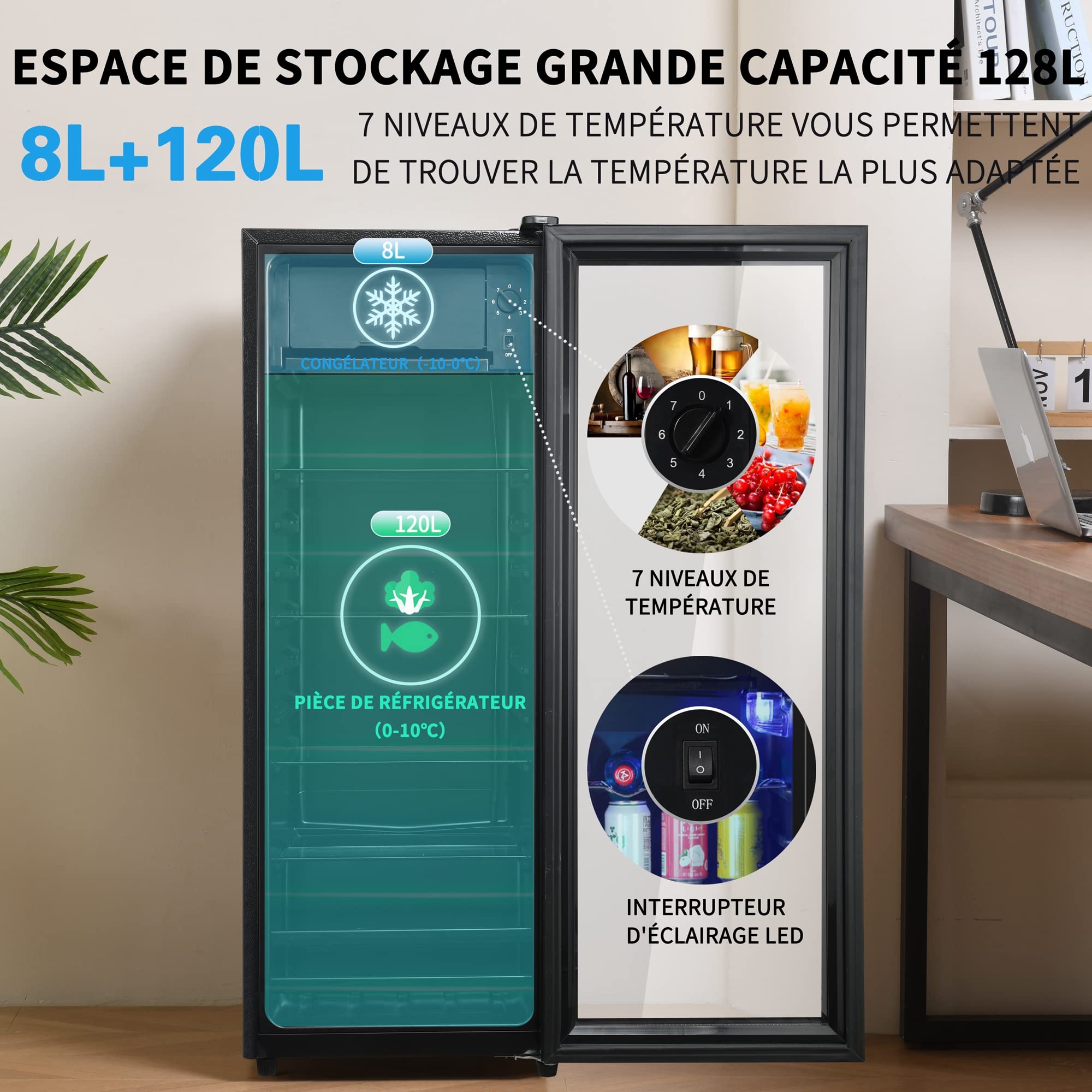 Gegtuon Frigorifero 128L, Frigo con Illuminazione a LED e Divisorio per Ripiani, Professional Frigo Bar Refrigerata con Congelatori e Porta in Vetro per Ufficio Casa Cucina, Classe E, 220-240V, Nero