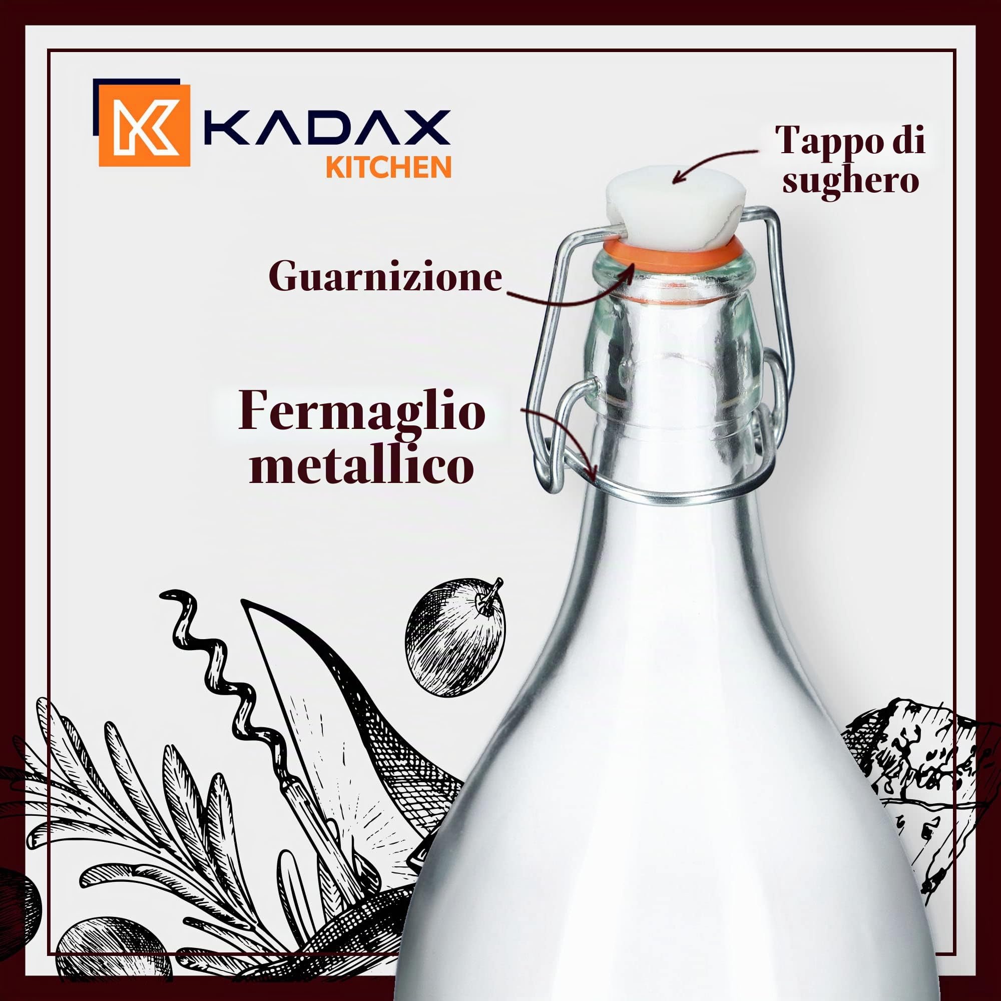 KADAX Bottiglia di Vetro, Bottiglia di alla Frutta, Bottiglia Vintage Fatta di sodaggas, Bottiglia di Stiratura Trasparente, Bottiglia di Serratura da Stiro, Bottiglia di (1,9 Litri, 6 Pezzi)