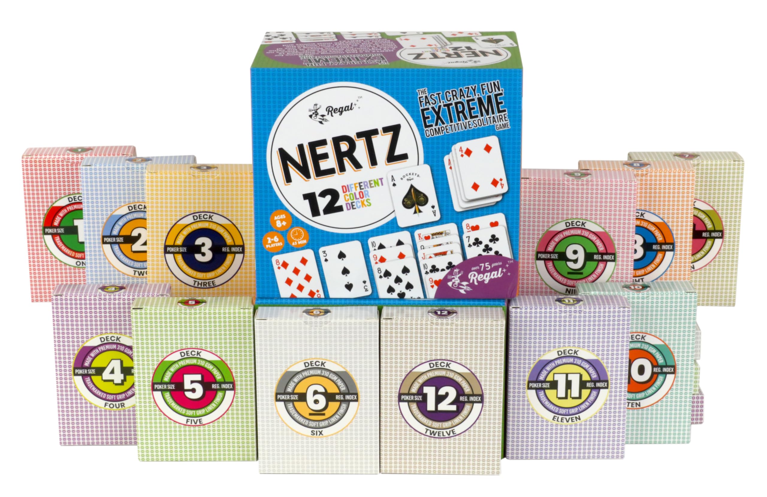 Regal Games Nertz & Solitaire Playing Cards, 12 Multi-Colored Poker Decks 2.5" x 3.5", 310 GSM Linen Finish, Durable Casino Quality for Poker, Blackjack, Rummy & Family Game Night for Kids & Adults