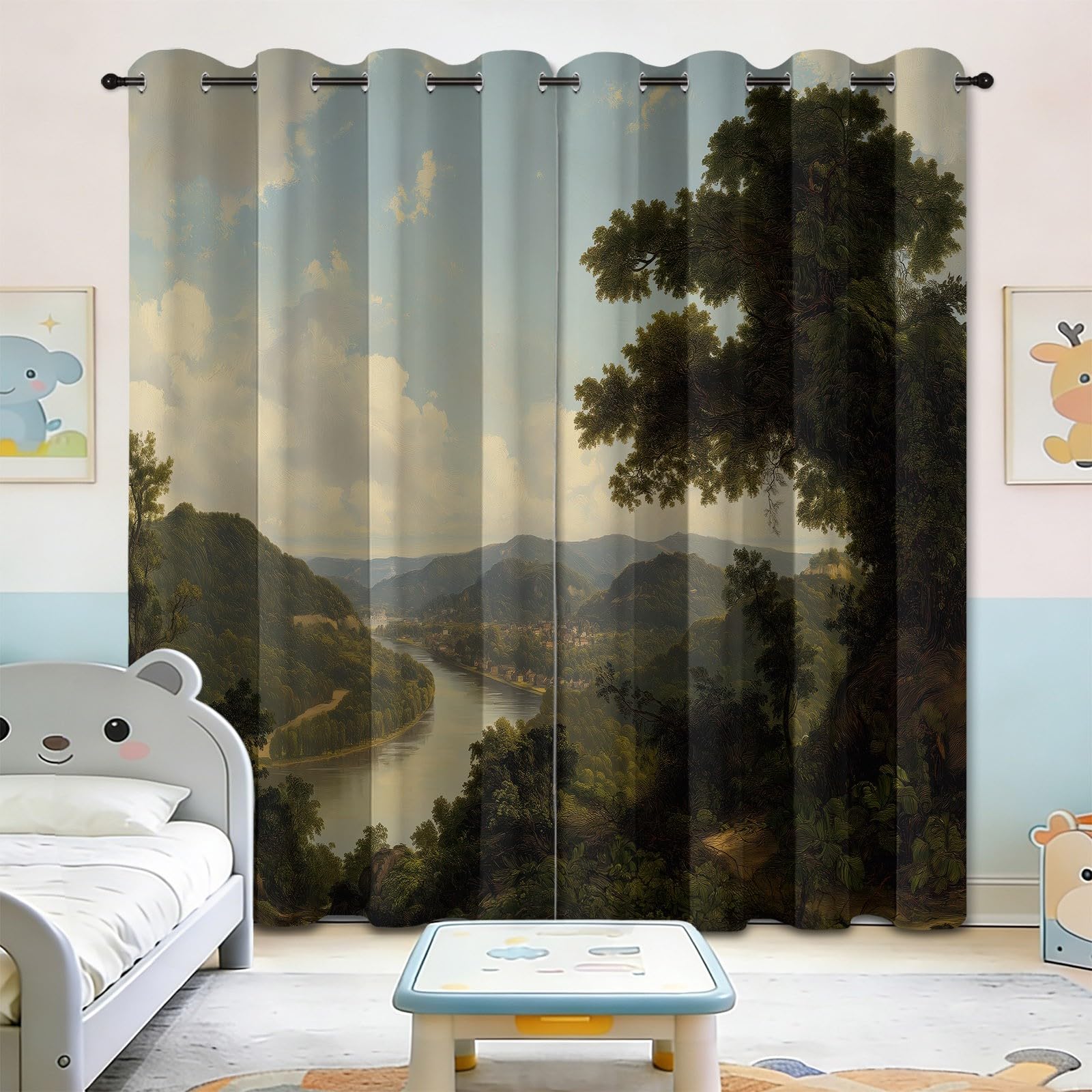 Zasłony zaciemniające z motywem lasu i rzeki górskiej, 117 l x 230 cm, dekoracja okienna do salonu, sypialni, izolacja termiczna, 2 panele