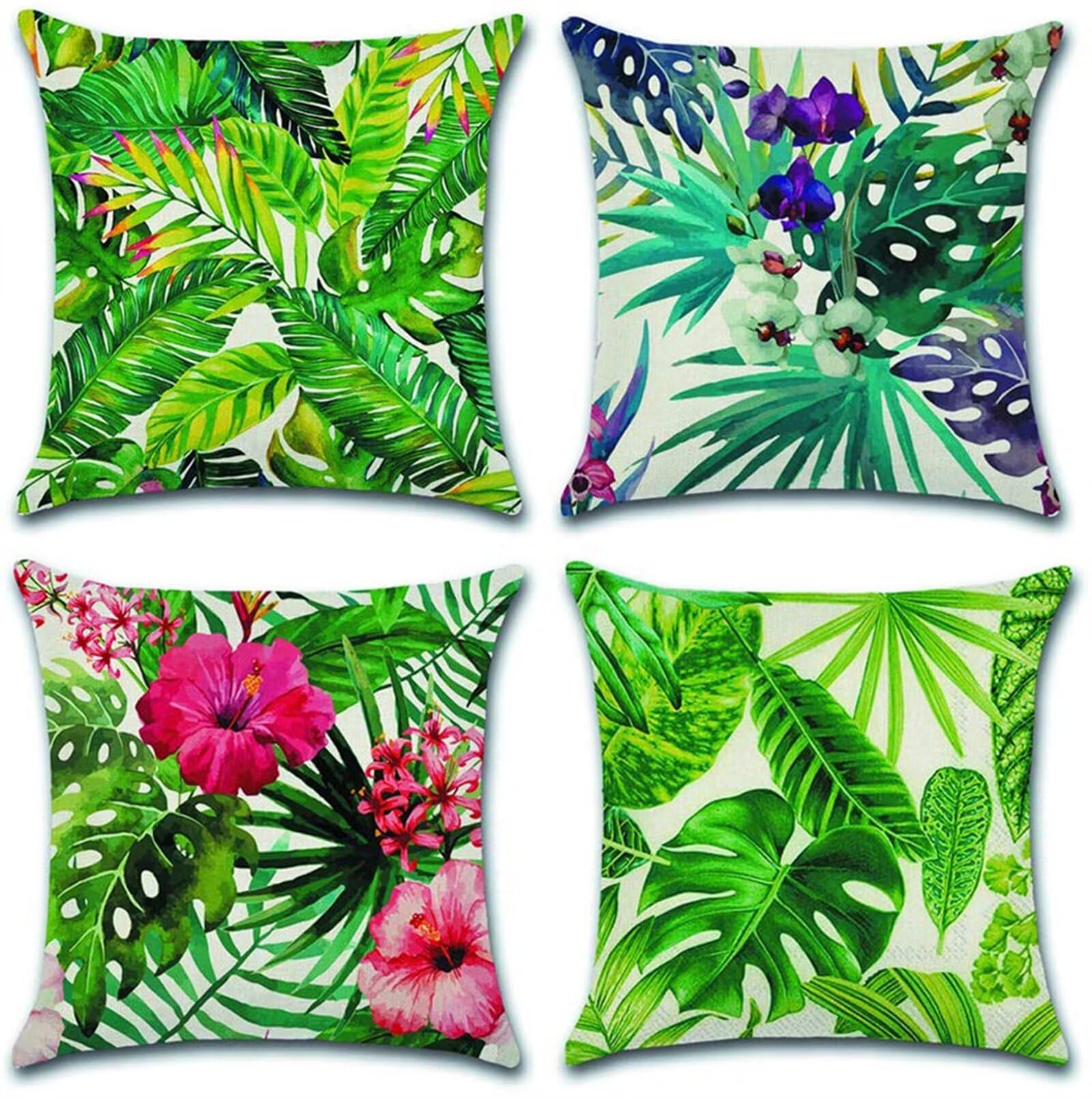 Juego de 4 Impermeable Funda de Cojín Flores Tropicales,45x45cm Moderno Suave Transpirables Lino Fundas de Almohada Cojines Decorativos con Cremallera Oculta para Exterior Sofá Cama Coche Hogar