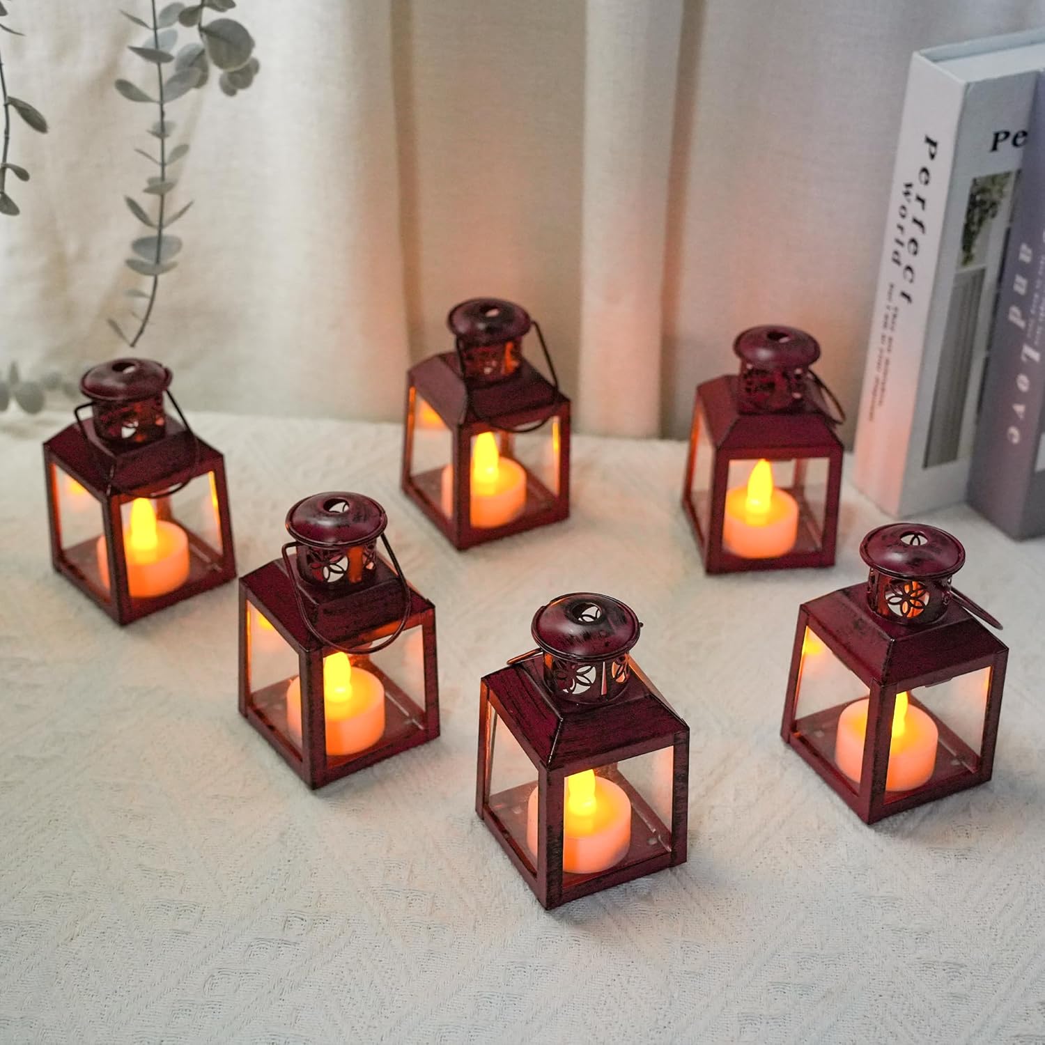 TRIROCKS 6 Pack Red Vintage Metal Hanging Candle Lanterns with LED Tealights - Rustic Indoor Outdoor Patio Table Decor