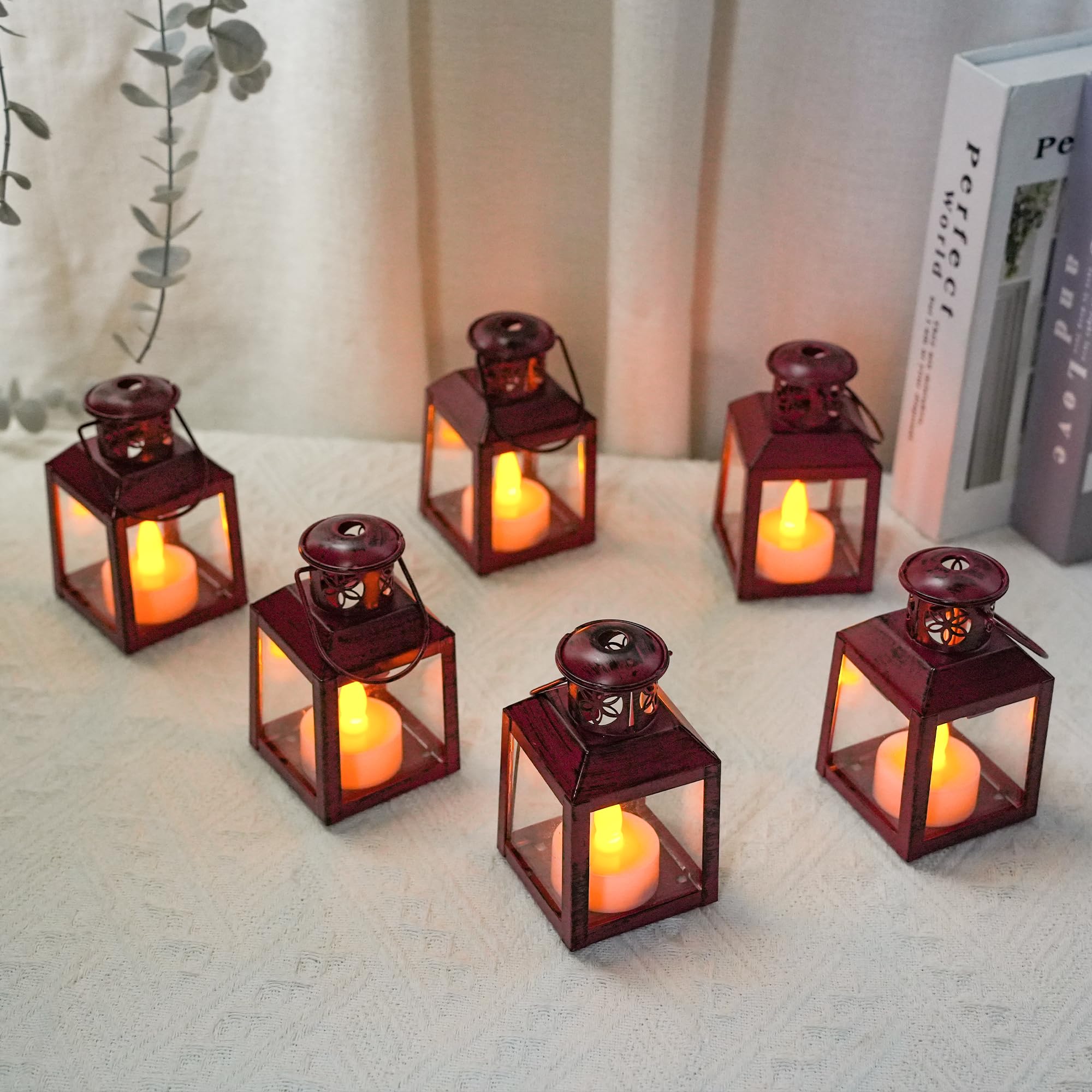 TRIROCKS 6 Pcs Small Metal Candle Lanterns Vintage Hanging House Tealight Lantern Decorative Candle Tea Light Holders for Table Valentine Patio Indoor Outdoor Gifts(Red)