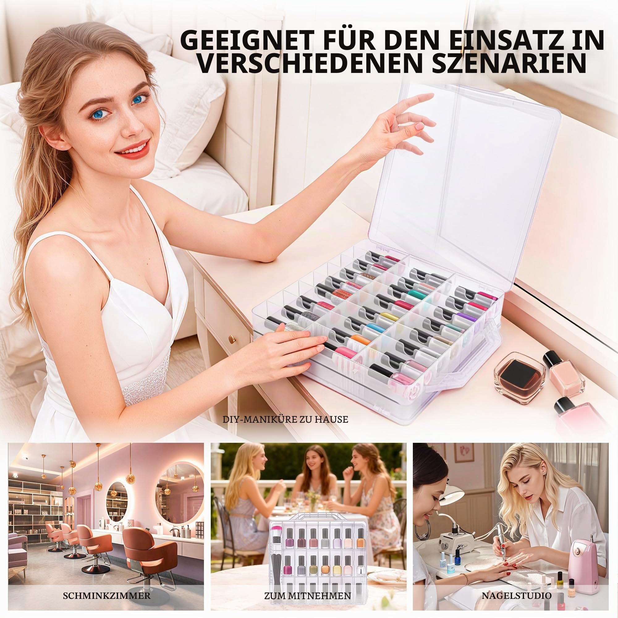 DreamGenius Tragbarer Nagellack-Organizer für 48 Flaschen, doppelseitig und verschließbar, Gel-Nagellack-Halter, platzsparend, mit 8 verstellbaren Trennwänden