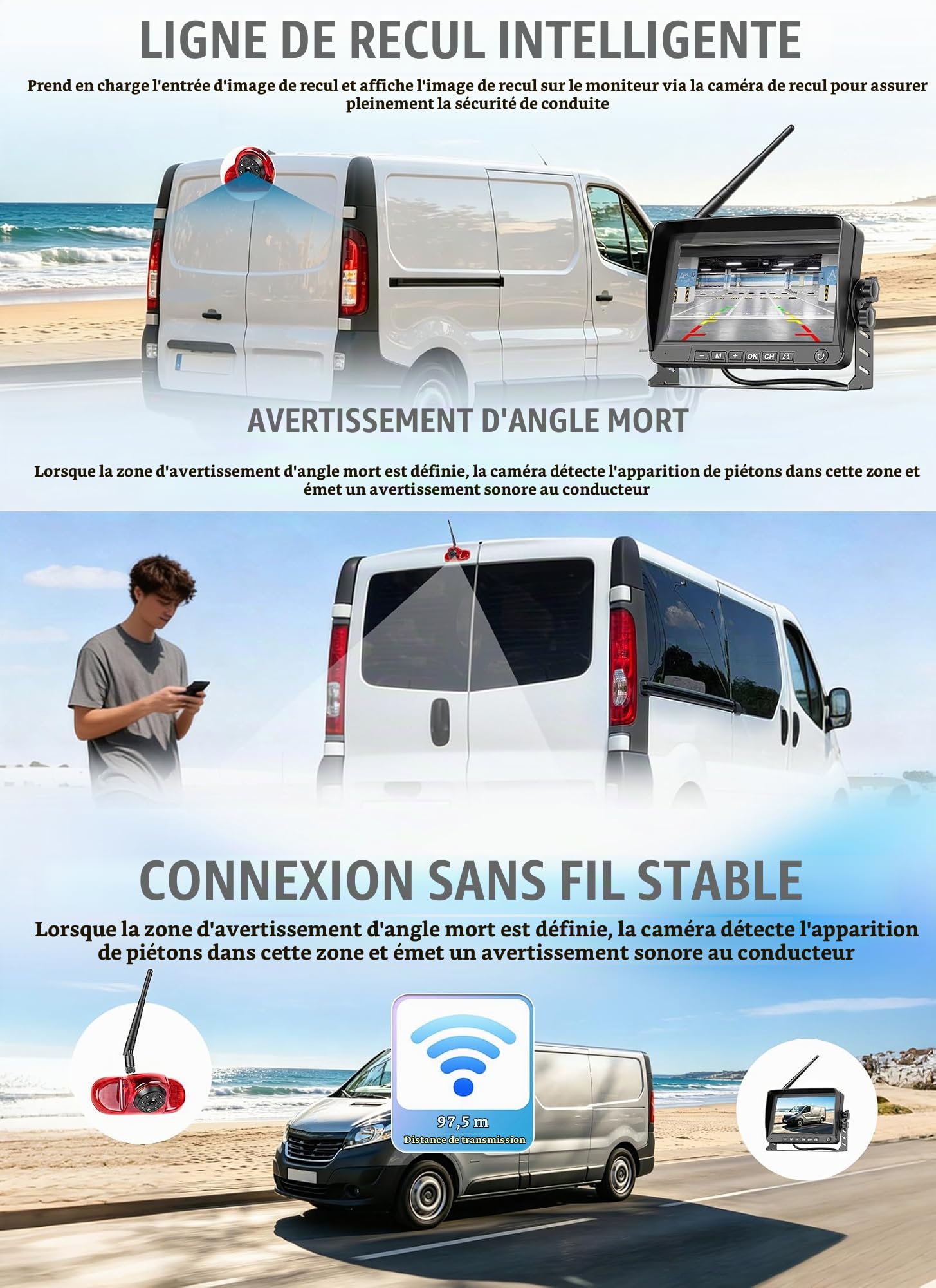 CAMECHO Visión Nocturna Camera de recul sans Fil pour Renault Trafic 2001-2014/Opel Combo 2001-2011/Opel Vivaro 2001-2014 avec 7" HD IPS Écran Moniteur, Camera Voiture aevc IP68 DVR BSD 140°