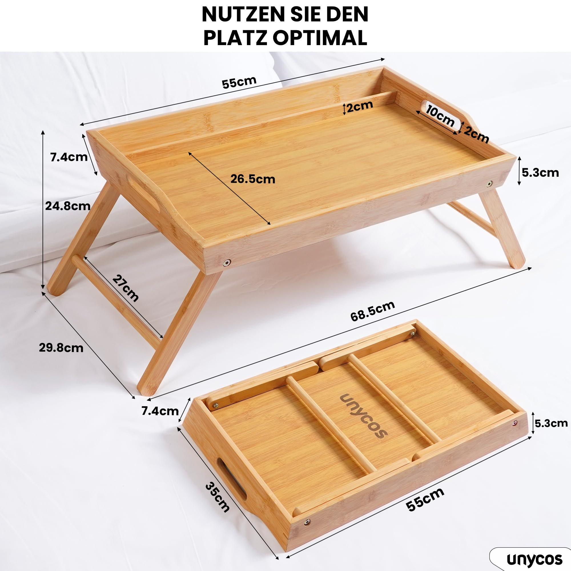 unycos - Frühstückstablett Bambus Klappbar 55 x 35 x 24,8 cm, Betttablett mit hohem Rand und Tragegriffen, Serviertablett fürs Bett und Sofa, Laptoptisch zum Lesen und Frühstücken (Arbeitstisch)