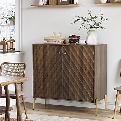 Miniatura 5 de Buffet de comedor moderno de mediados de siglo de 32 pulgadas con almacenamiento, aparador de buffet con diseño de ondas diagonales, mesa de