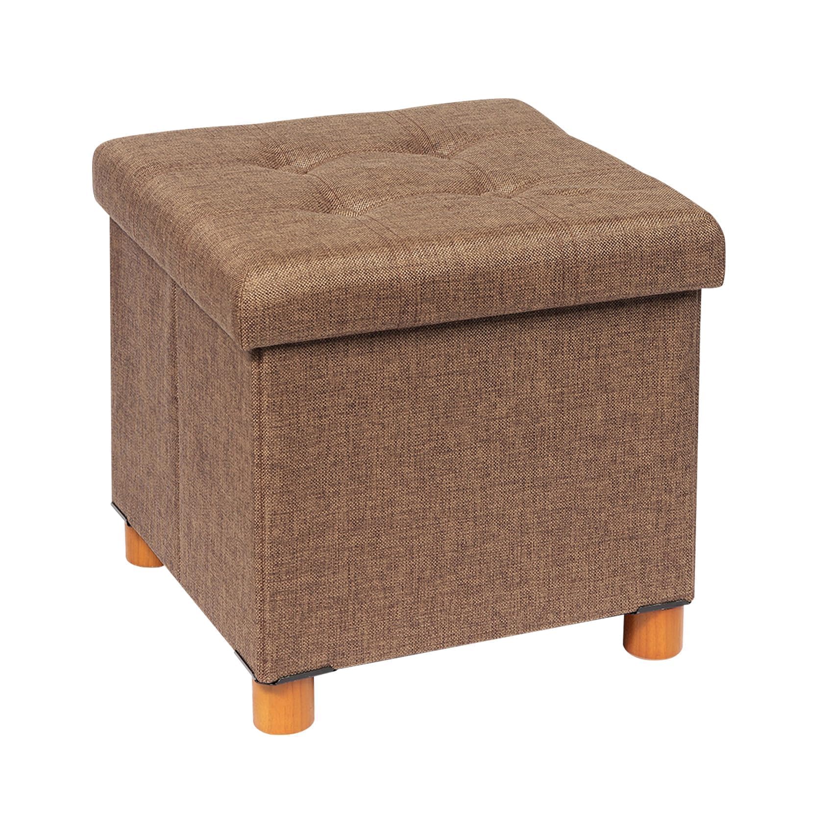 B FSOBEIIALEO Storage Ottoman with Tray, Foot Stools and Ottomans with Wooden Feet, Storage Cube Seat Linen Brown 15"