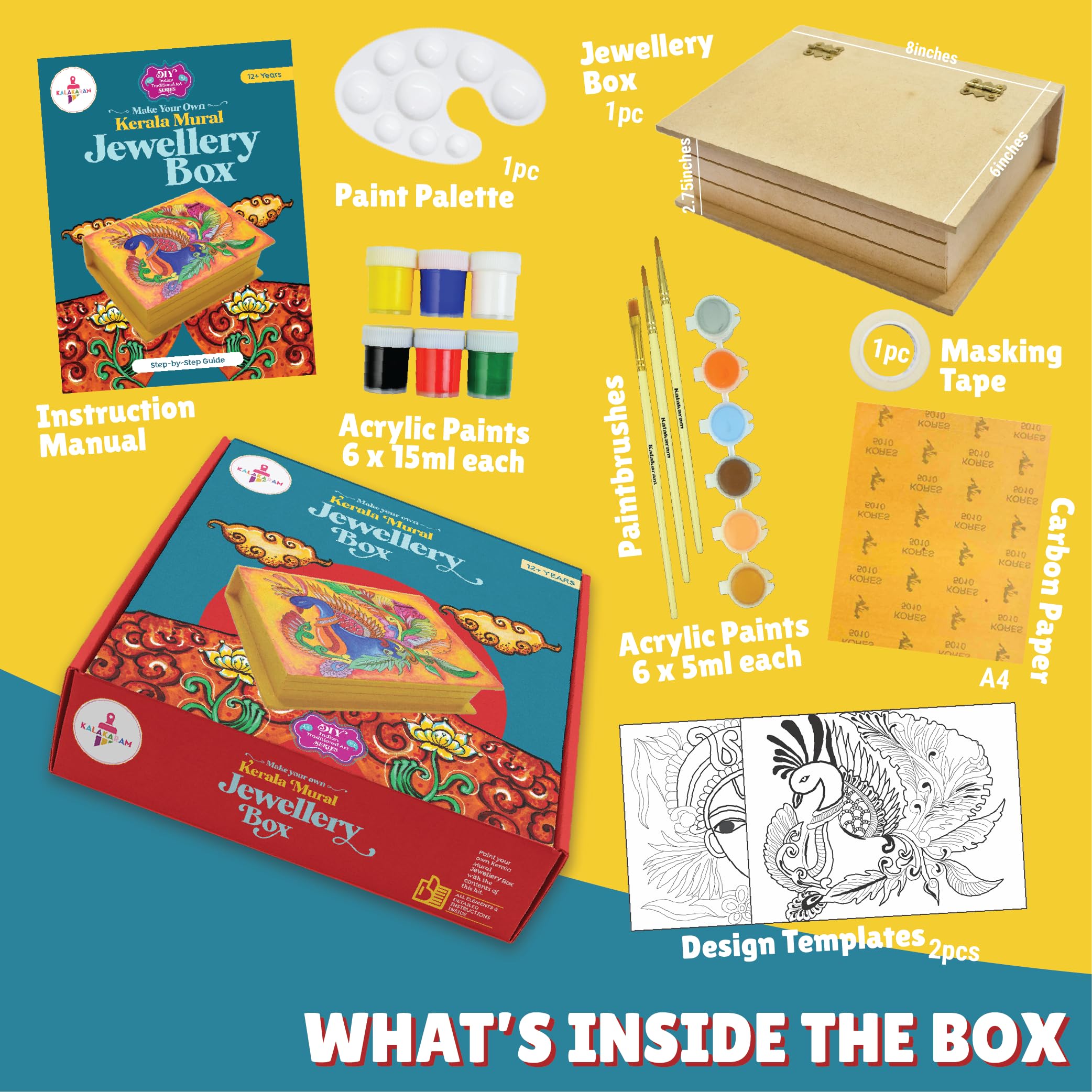 Kalakaram DIY Kerala Mural Jewellery Box Painting Kit for Kids - Customizable Indian Ethnic Art, Cultural Education with Bonus Written Material on Art Techniques & History - Image 2 thumbnail