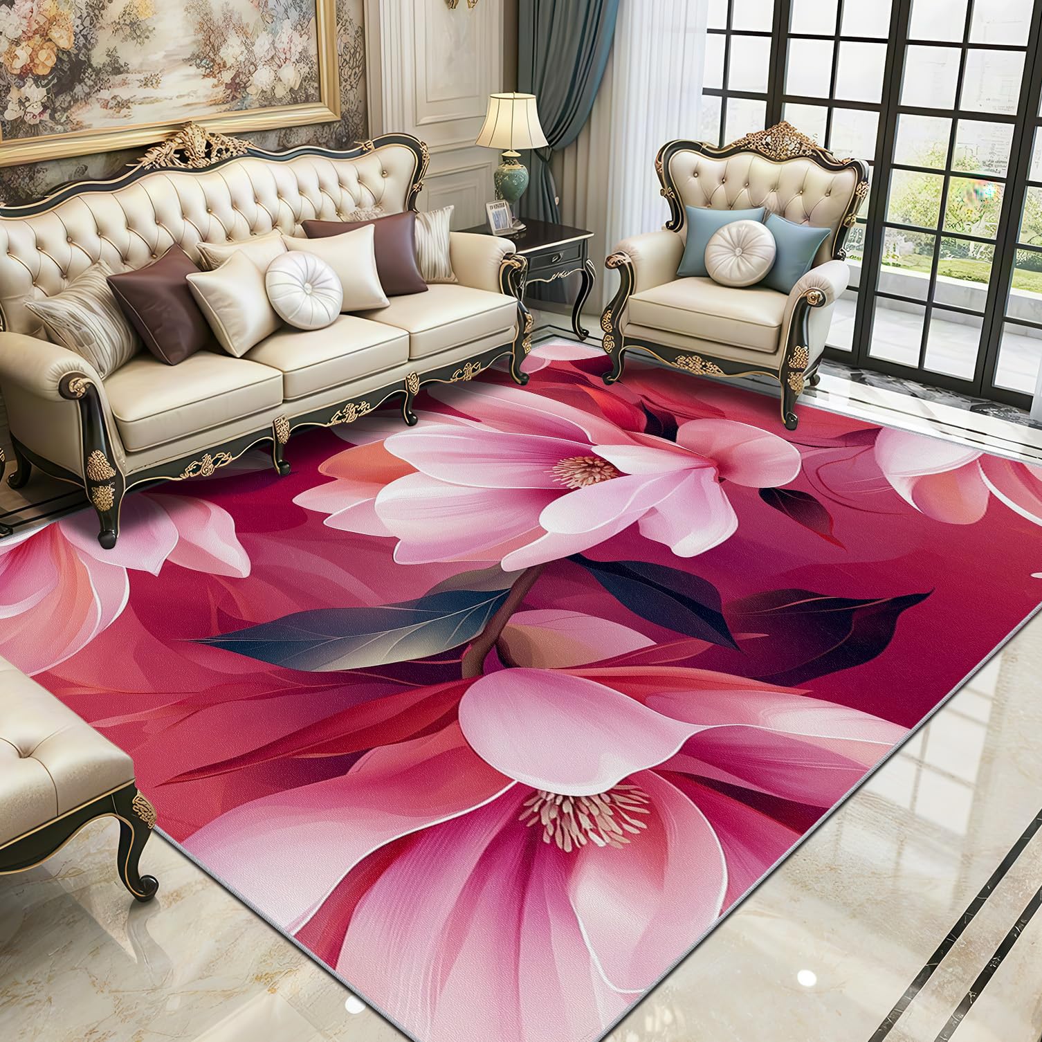 Blumen Teppich Wohnzimmer 200x300 cm,Rosa Magnolie Geblümt Teppiche Waschbar Für Schlafzimmer,Blüten Mädchen Waschbar rutschfest Weich Groß Esszimmer, Rosa Rot Dunkelgrün