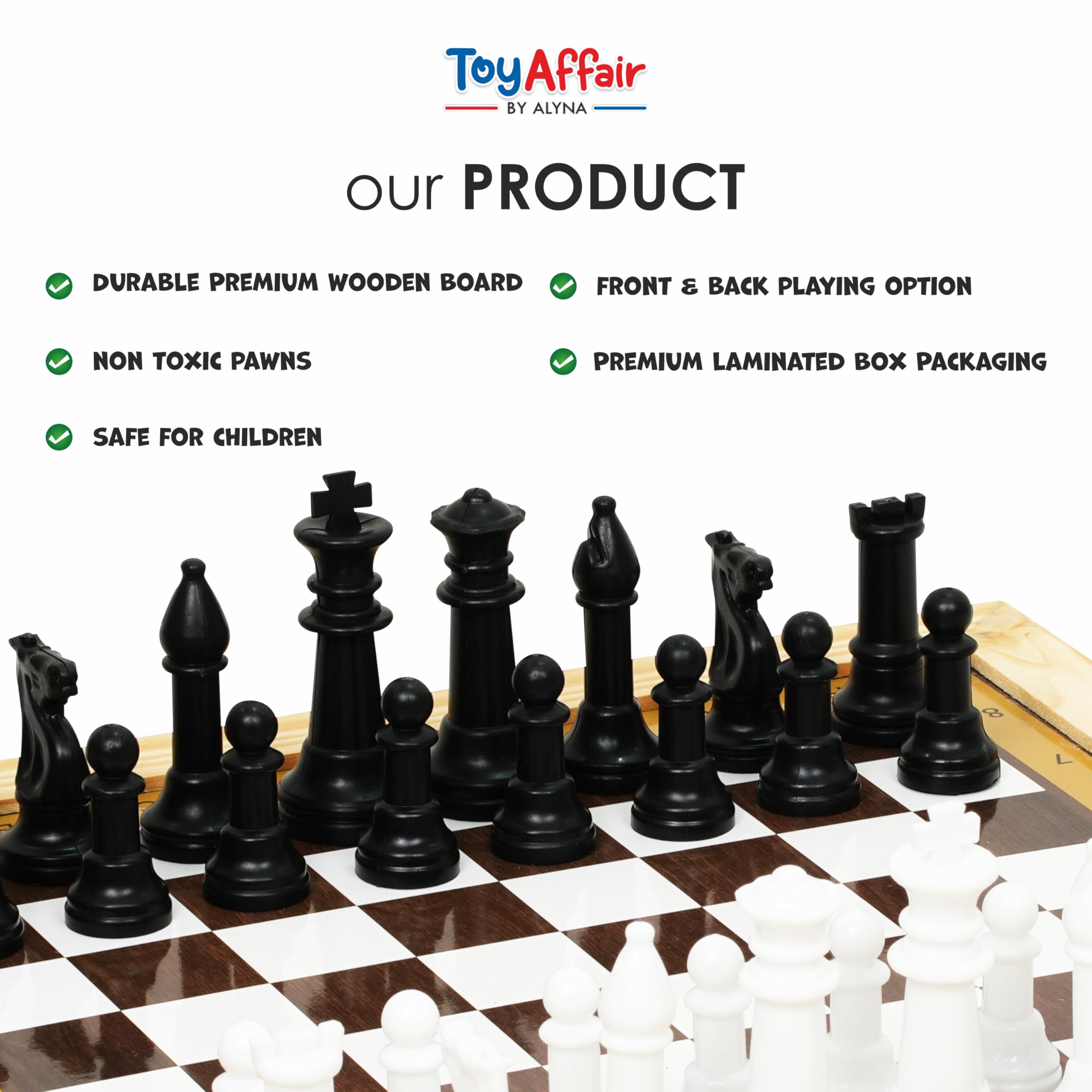 Toyaffair Wooden Board Game Set β Checkers, Chess, and Tic Tac Toe -Multi Game Board for Kids and Adults, Portable Family Fun Game (3 in 1 Wooden Board Game) 2