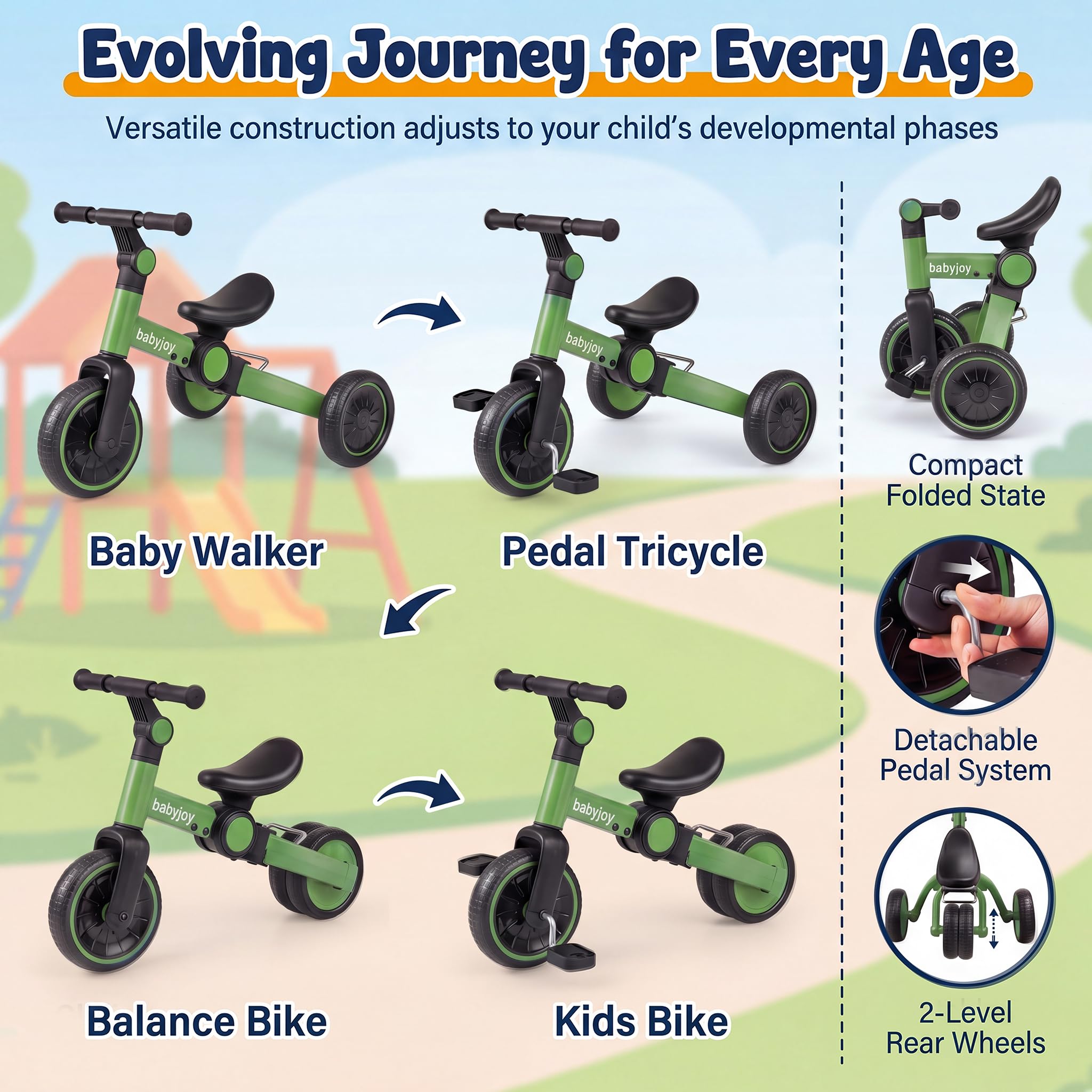 KOMFOTTEU Vélo Enfant 2 à 4 Ans, Charge 30 kg, Pédales Amovibles, Vert