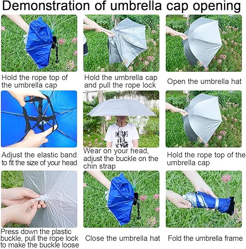 Miniatura 10 de NEW-Vi Sombrero de sombrilla de pesca, plegable, ajustable, para lluvia, 37.4 pulgadas, paraguas manos libres de gran tamaño, 7 varillas anti-UV,
