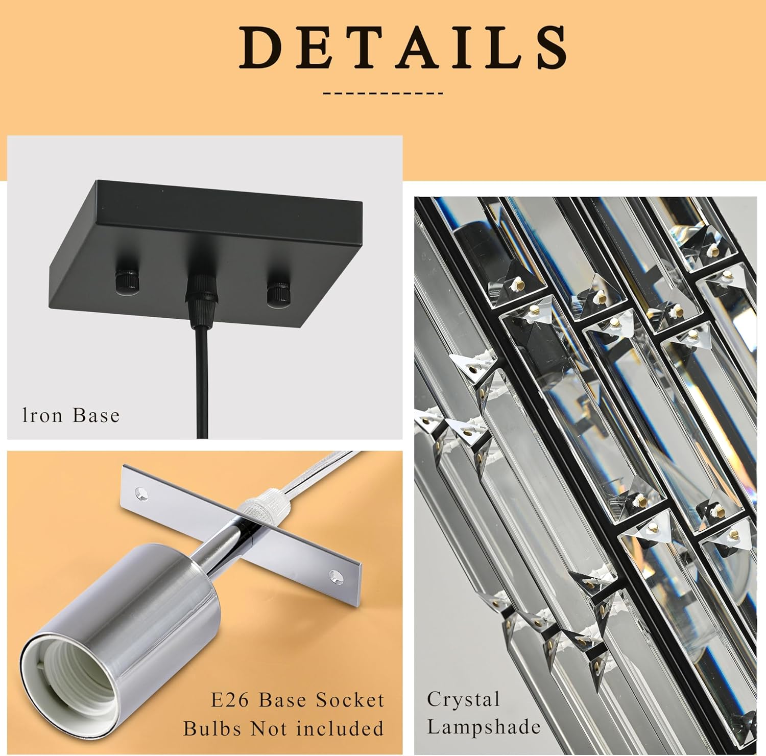 Crystal Pendant Lights for Kitchen Island, Pendant Lighting Modern Pendant Light, Adjustable Pendant Light Fixture for Kitchen (Black, Square-2pcs)