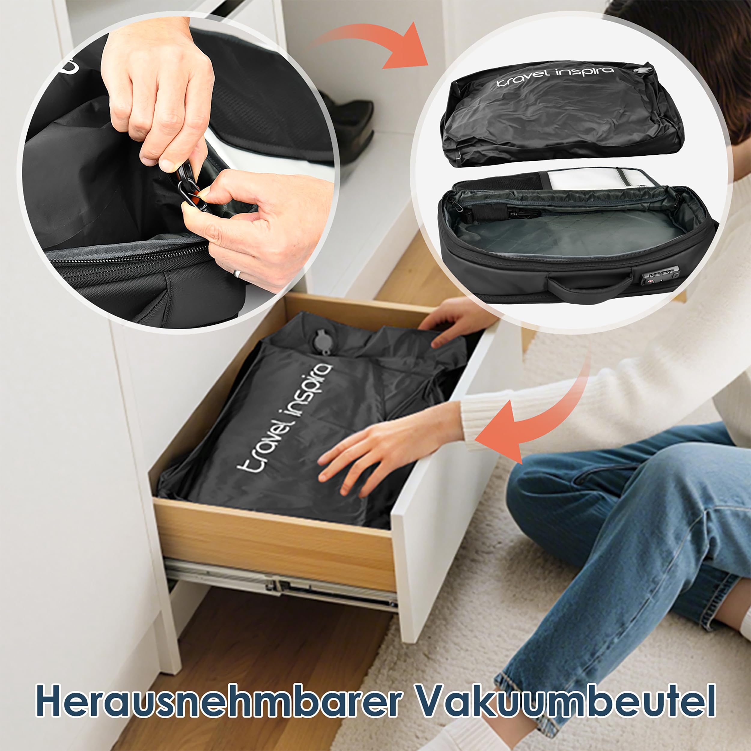 travel inspira Reiserucksack Handgepäck Flugzeug Vakuum Rucksack mit Pumpe | Erweiterbar von 45L auf 65L mit 17.3" Laptopfach TSA-Schloss 50% Platzsparend Vakuumbeutel Abnehmbar LED-Licht und SOS-Signal