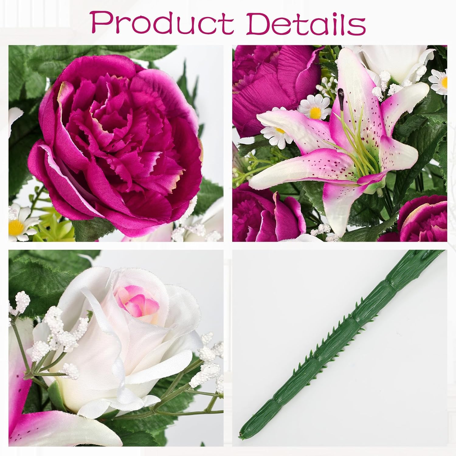 Briful 2 Set Artificial Cemetery Flowers for Grave, Silk Sympathy Grave Flowers Bouquet Fake Rose Peony Lily Floral Arrangement for Outdoor Vase Funeral Memorial Mother’s Day Decor