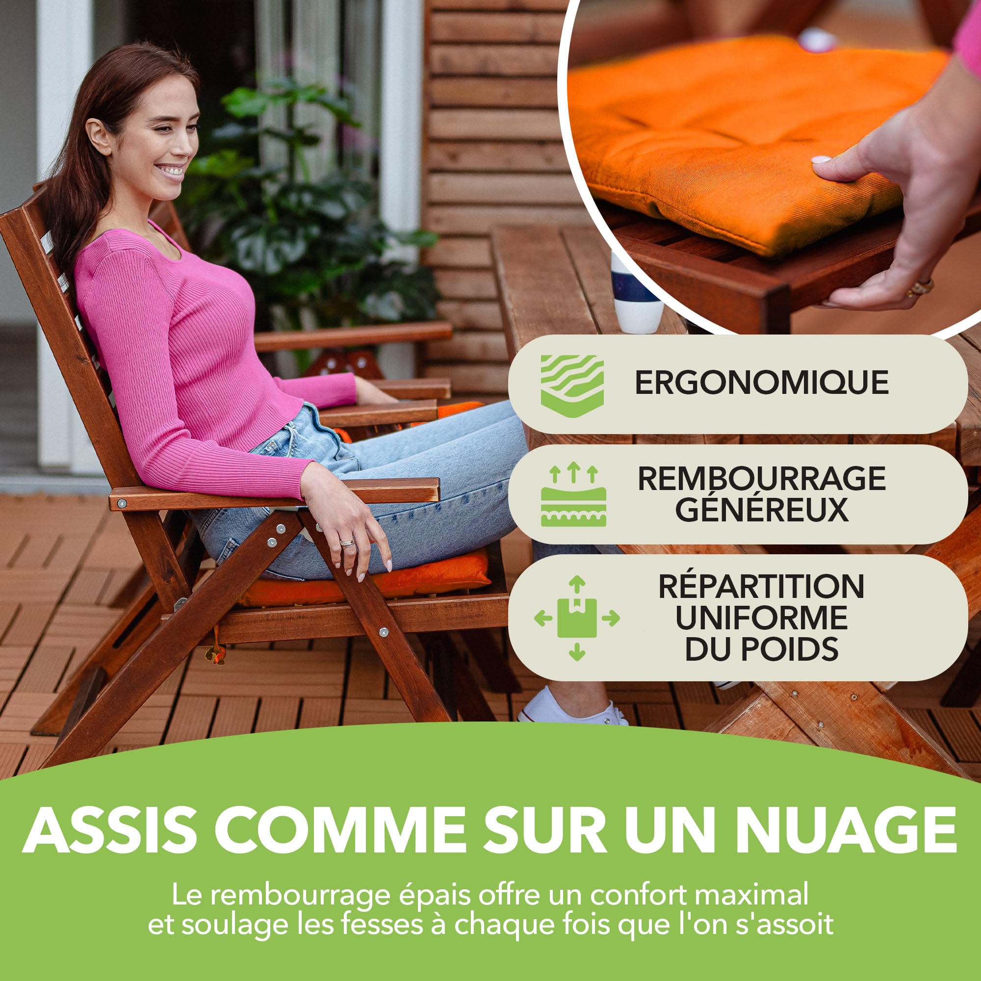 Gräfenstayn Jeu de 4 Coussins de Chaise 40x40x3 cm - Coussin d’extérieur pour Jardin et Salon de Jardin - Galette de Chaise extérieur avec Sangles - Housse Polycoton - Certifié Oeko-Tex Standard 100