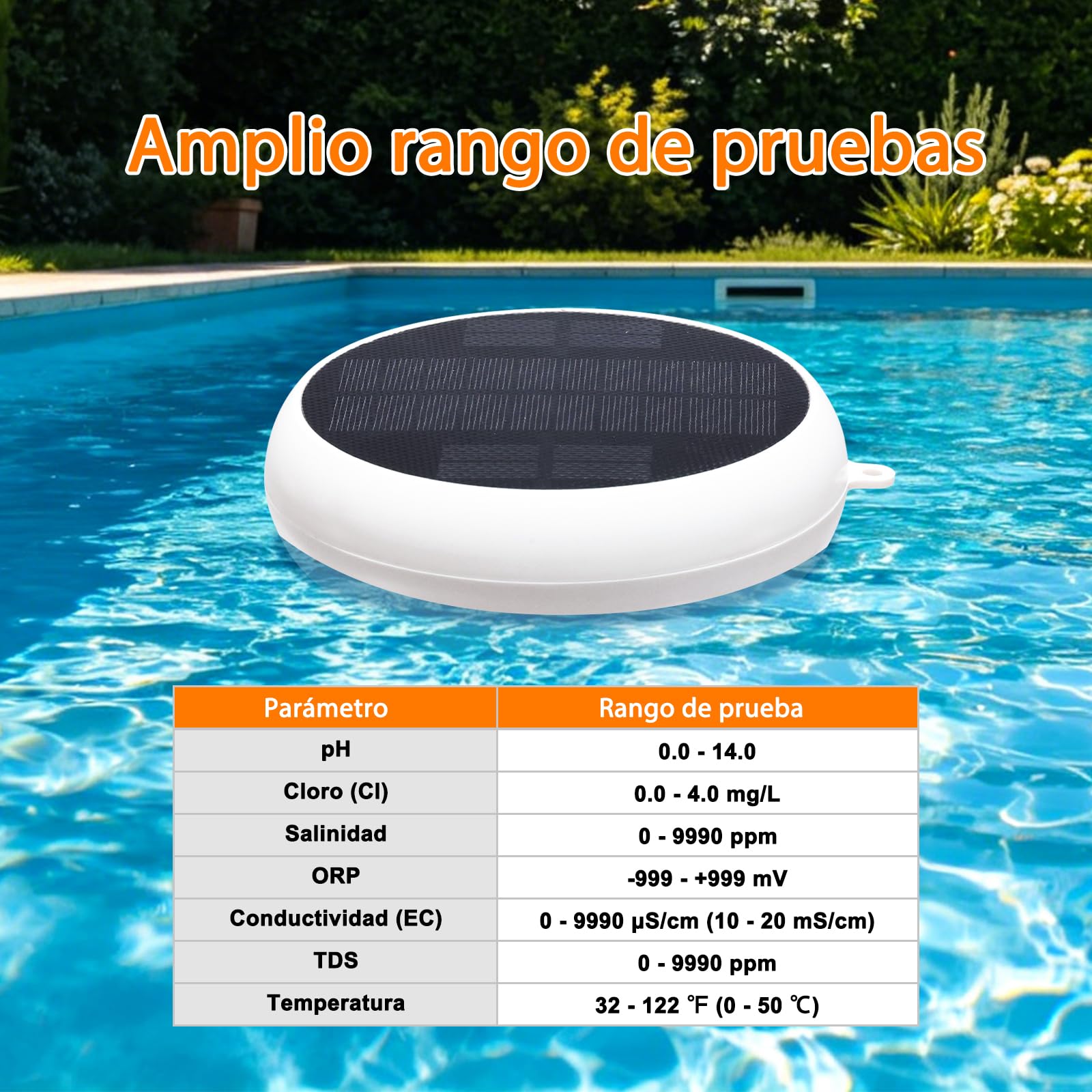 Medidor Cloro, pH y Salinidad Piscinas, 7 en 1 pH FAC Sal ORP EC TDS y Temp, Flotante Medidor de Cloro con Aplicación, Carga Solar Medidor Inteligente de pH para Piscinas, Acuarios, Spa