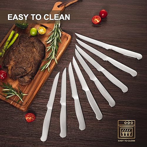 Miniatura 7 de Juego de 8 cuchillos para carne, afilados, con mango resistente de acero inoxidable completo para cocina, restaurante, fiesta, 9.5 pulgadas, color