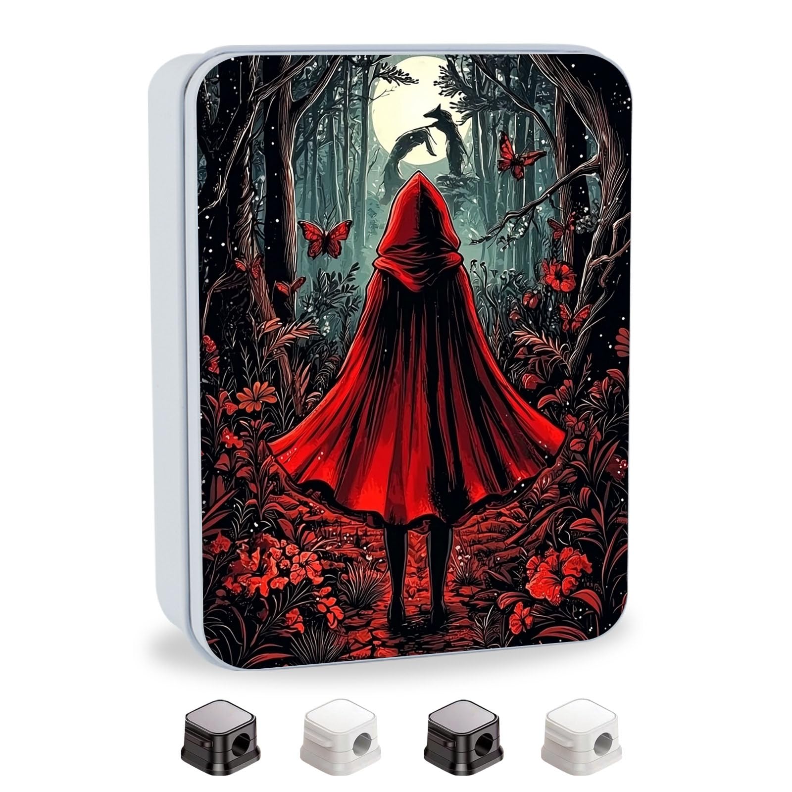 Metal Tin Box with Lid,Multi-functional Storage Large Box Can Store Tea Biscuits Game Cards, Playing &amp; Tarot Cards-Comes with 4 Magnetic Cord Clips,Red Hood in Forest