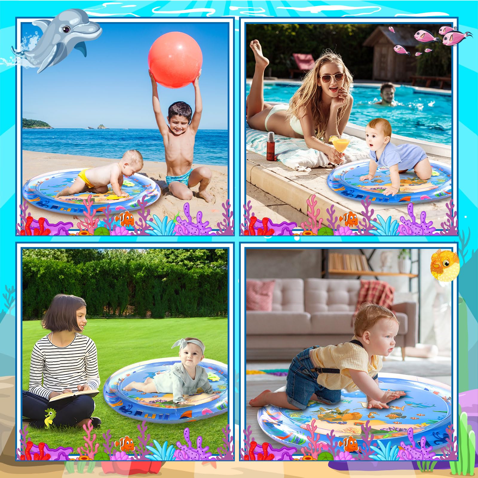 Tapis Eau Bebe Eveil, 63 x 63 cm Aquarium Bebe, Tapis Eau Gonflé Enfant PVC Imperméable, Motif de Dauphin Tapis Sensoriel Bébé, Rond Tapis pour d'eau Bébé 3 6 9 12 Mois
