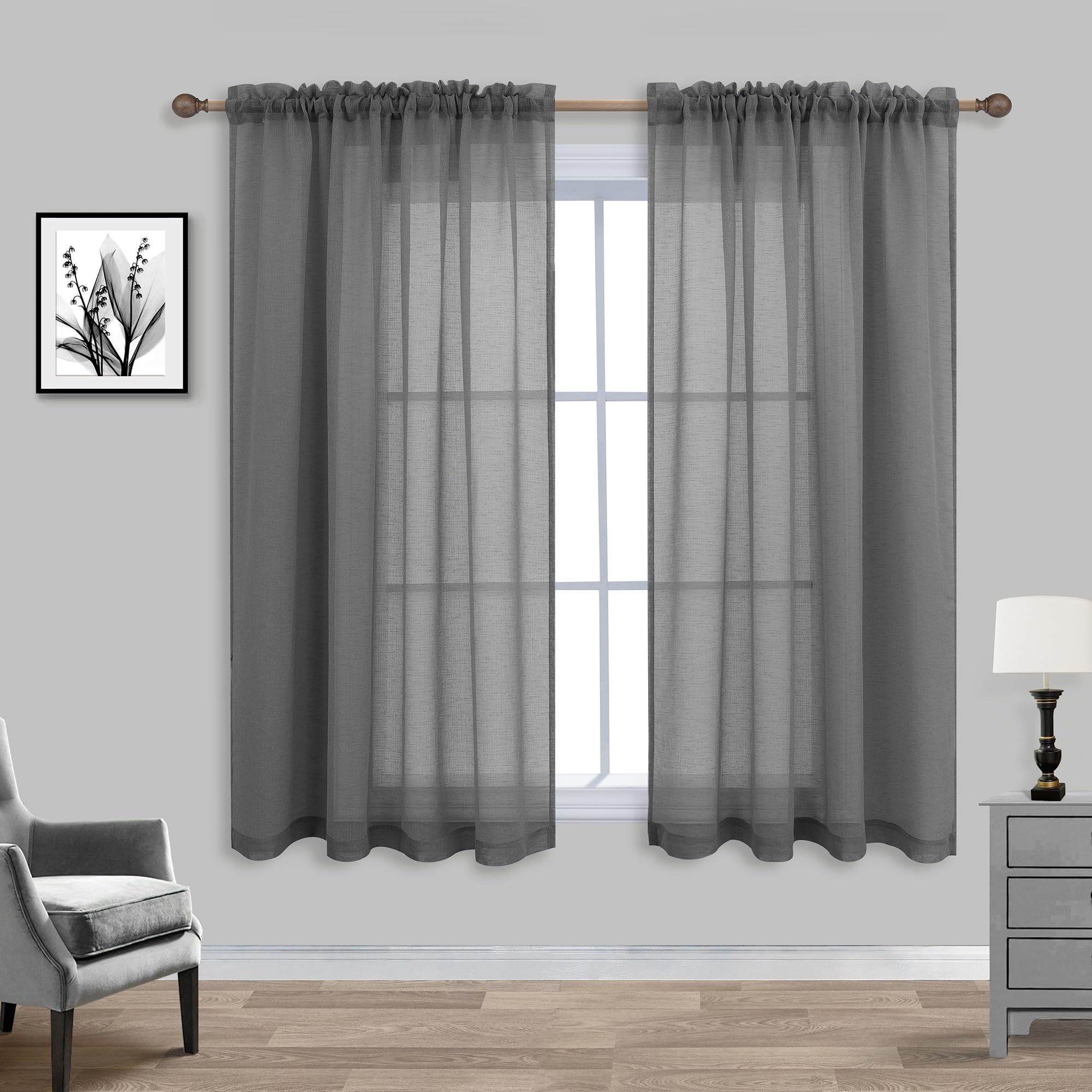 Charcoal Gray Curtains Sheer 45 Inches Long for Kitchen Pair Set 2 Panels Rod Pocket Casual Fresh Dark Grey Drape Light Filtering Airy Linen Look