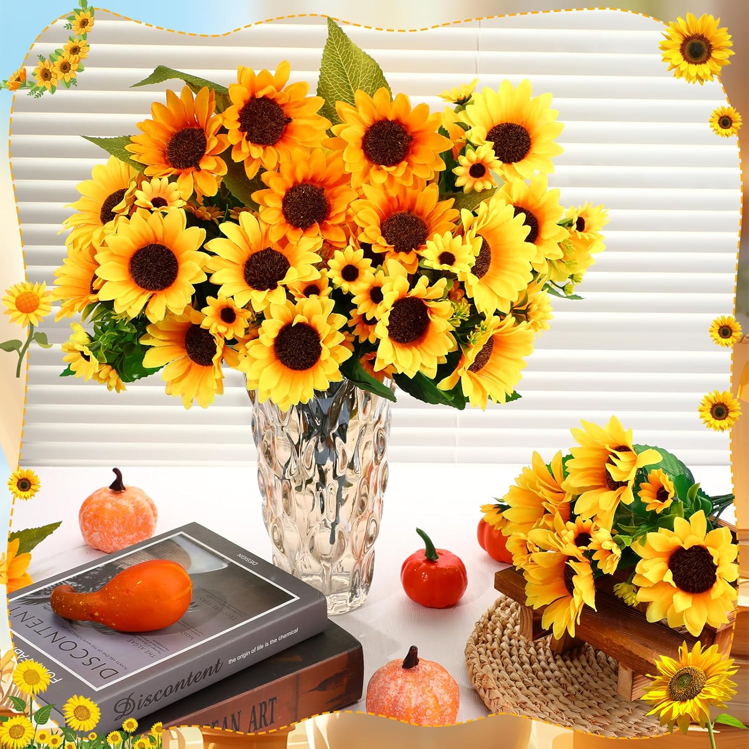 Artificial Sunflowers 16 Bunches, Fake Sunflower Flower with Bendable Stems, Realistic Silk Flowers UV Resistant for Indoor Outdoor, DIY Home Wedding Decor Vase Centerpieces Patio Garden