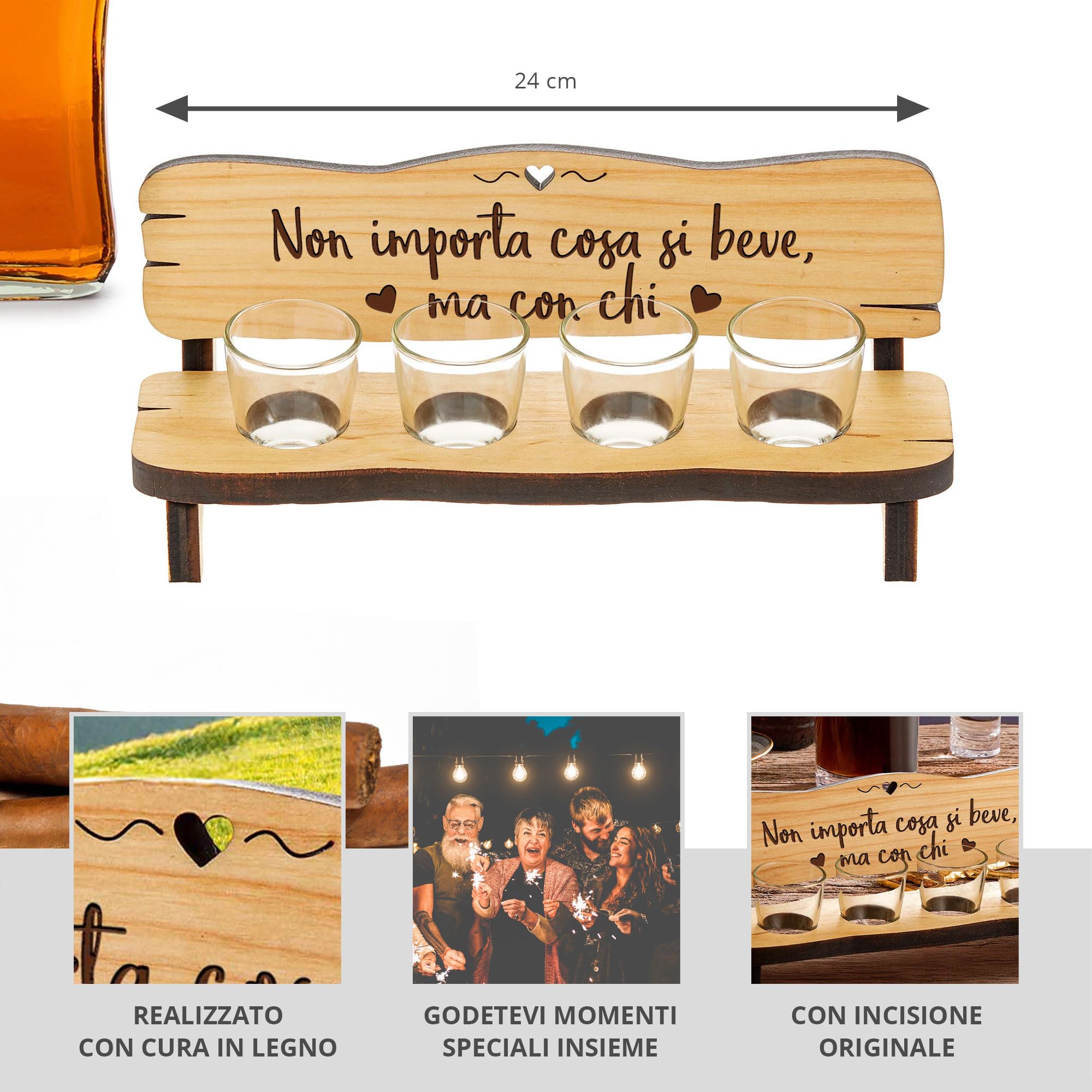 Casa Vivente Panchina per Shot in Legno con 4 Bicchierini in Vetro Inclusi, Incisione Non Importa Cosa Si Beve, Accessori Decorativi, Idea Regalo Originale per Anniversari, Matrimoni o Compleanni