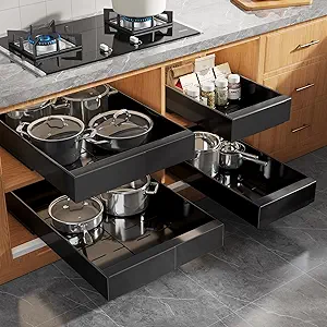 4 Pack Expandable Width (9"-14.1") Pull Out Cabinet Organizer 21" Deep with Raising Pad for Framed Cabinets, Upgrade 3 Slide Rails Slide Out Drawers, Roll Out Shelves Adhesive, Black