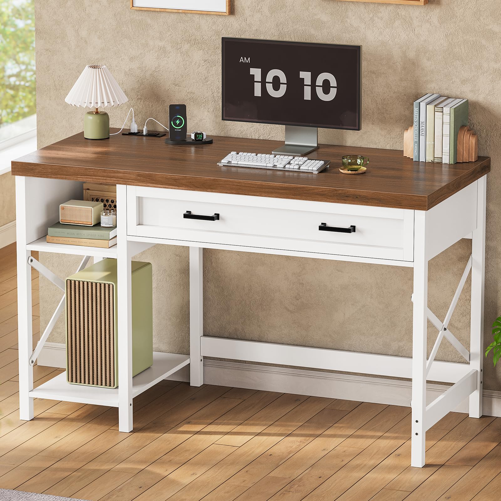 SEDETA Farmhouse Small Desk with Drawers, 40" Computer Desk with Storage Shelves, White Writing Desk for Small Space and Power Outlet, Desk for