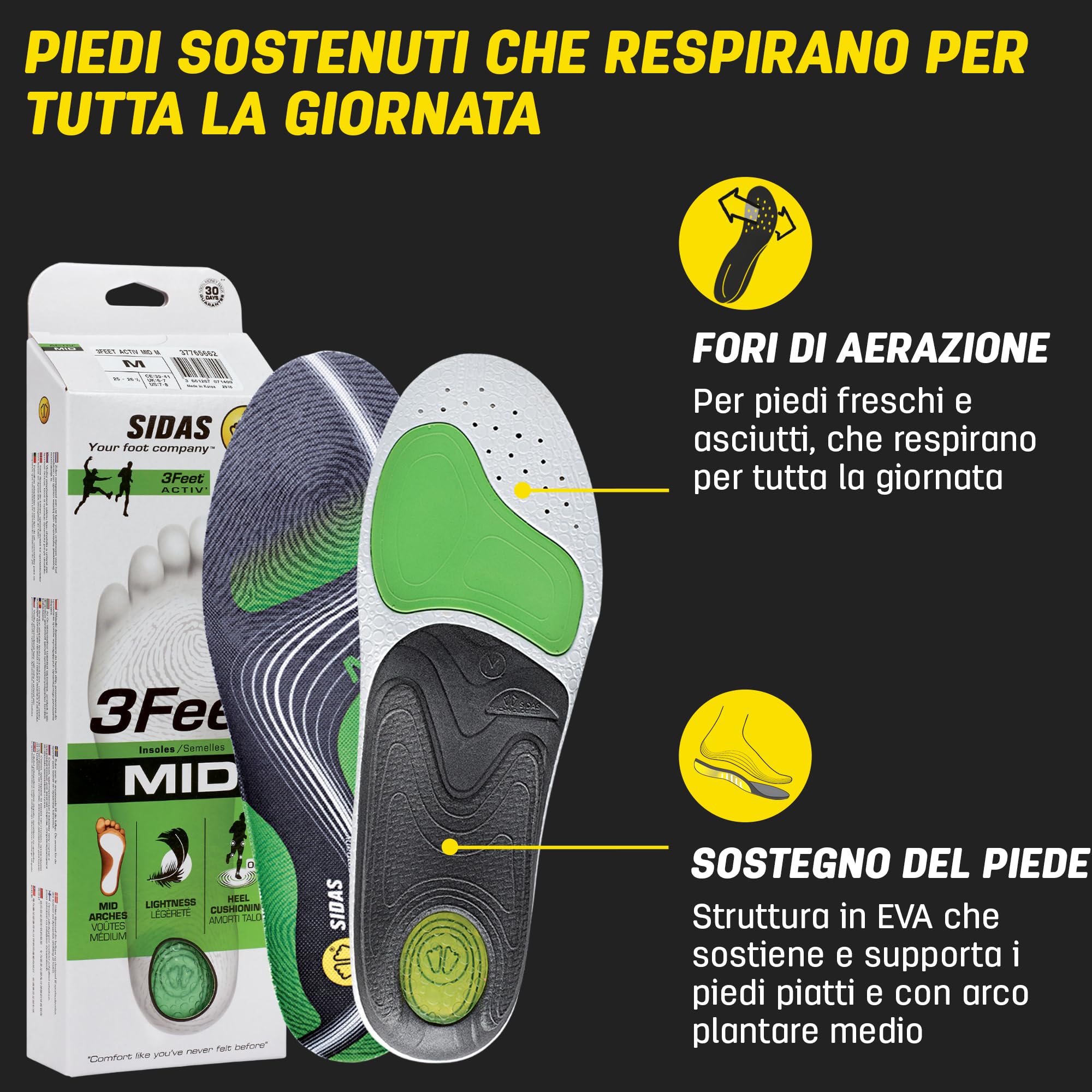 Sidas Solette 3Feet Activ' Mid, Corsa e Multisport, per Arco Plantare Medio, Assorbimento degli Urti, per Scarpe da Uomo e Donna