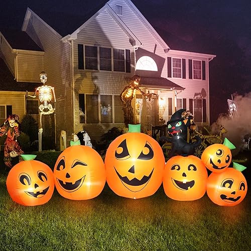 Miniatura 8 de Parche de calabaza inflable de Halloween de 10 pies de largo con gato de bruja negra, parche de calabaza gigante con luces LED integradas,