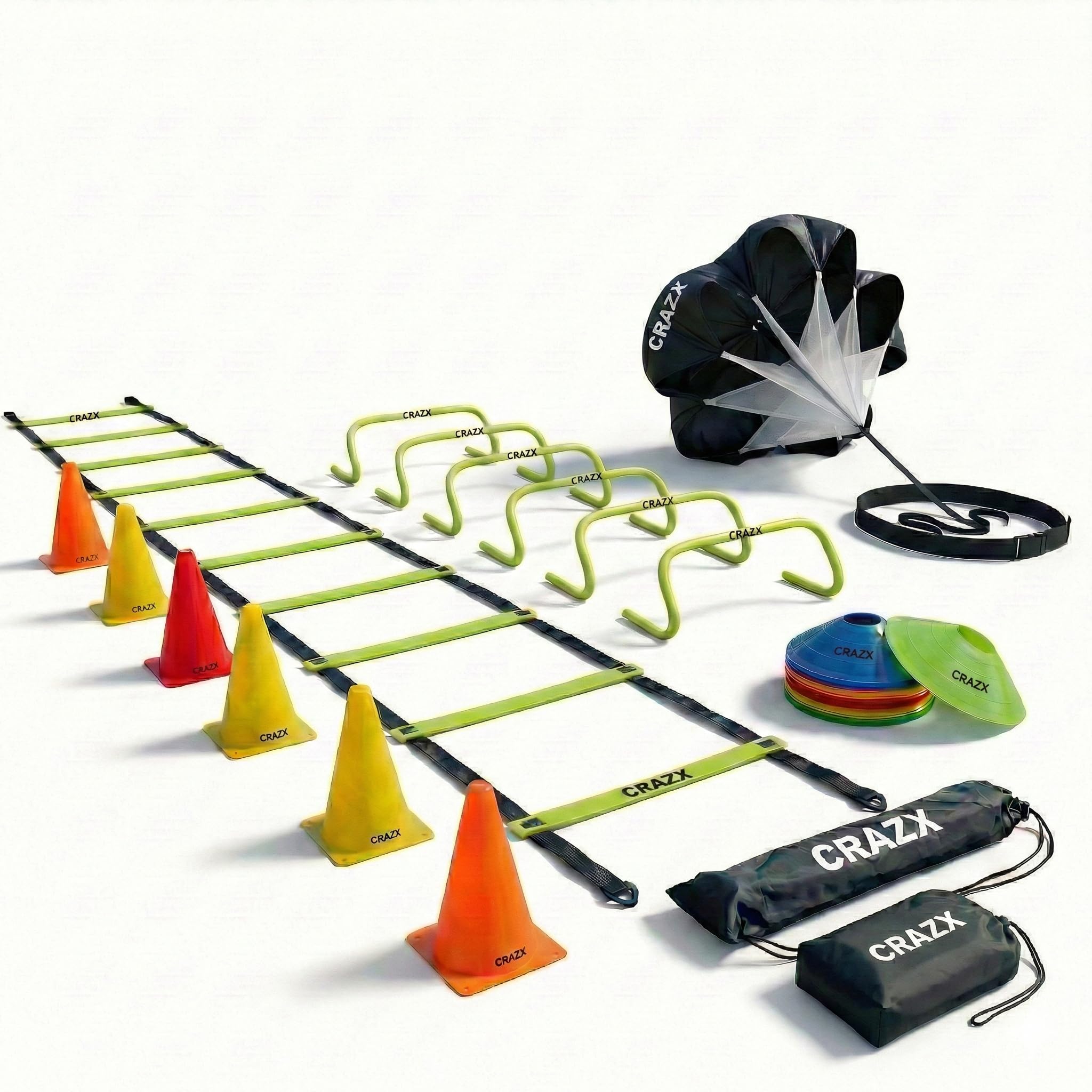 Pro Speed Training Set: 56-Inch Resistance Parachute, 4 Meter Adjustable Ladder, 6X 6 High Hurdles, 6X 6 Cones & 20x 2 Soccer Discs - All-in-One Fitness Kit for Football & Cricket-image-29