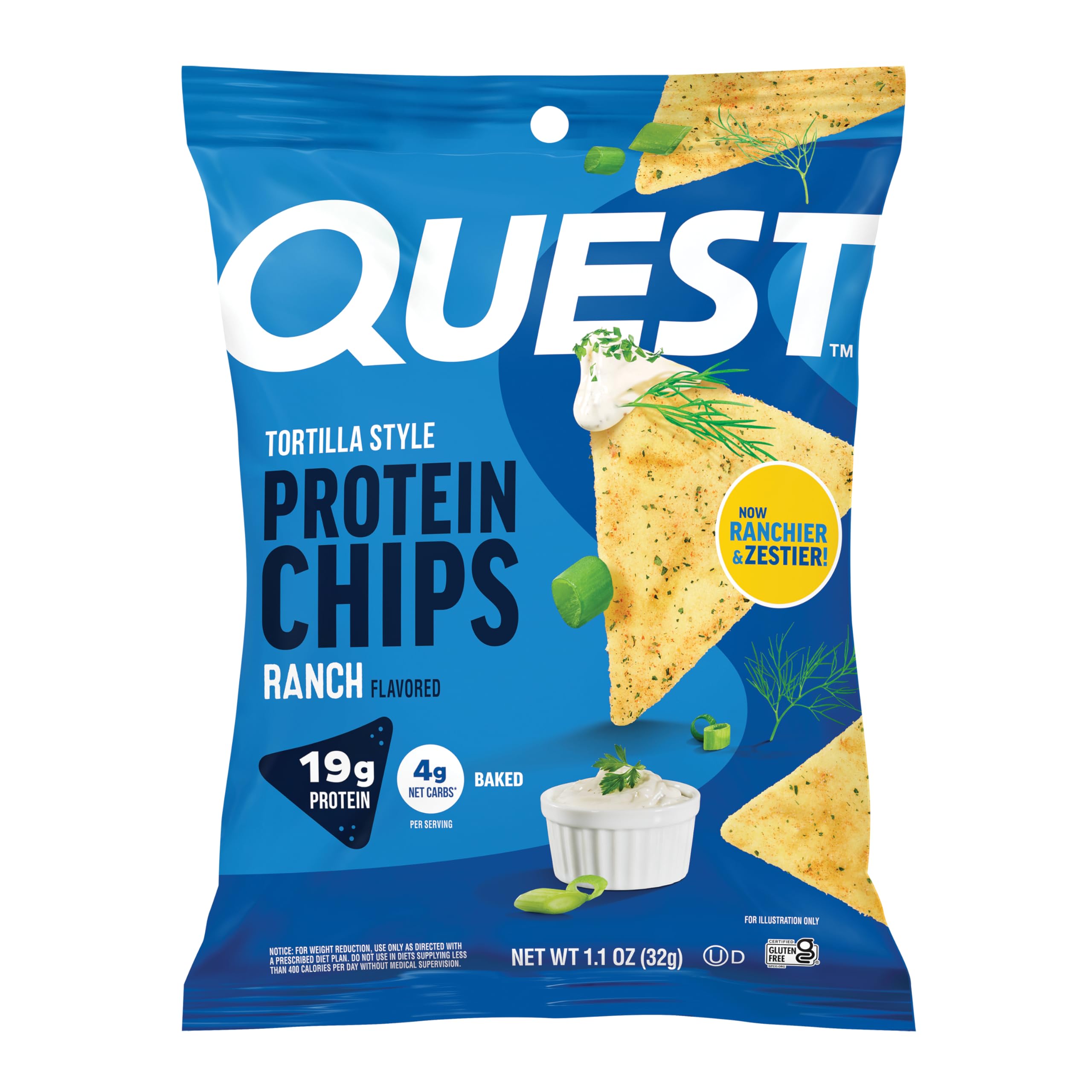 Quest Nutrition Ranch Tortilla Style Protein Chips, 19g Protein, 4g Net Carb, High Protein, Low Carb, Gluten Free, 1.1 Ounce (Pack of 12)