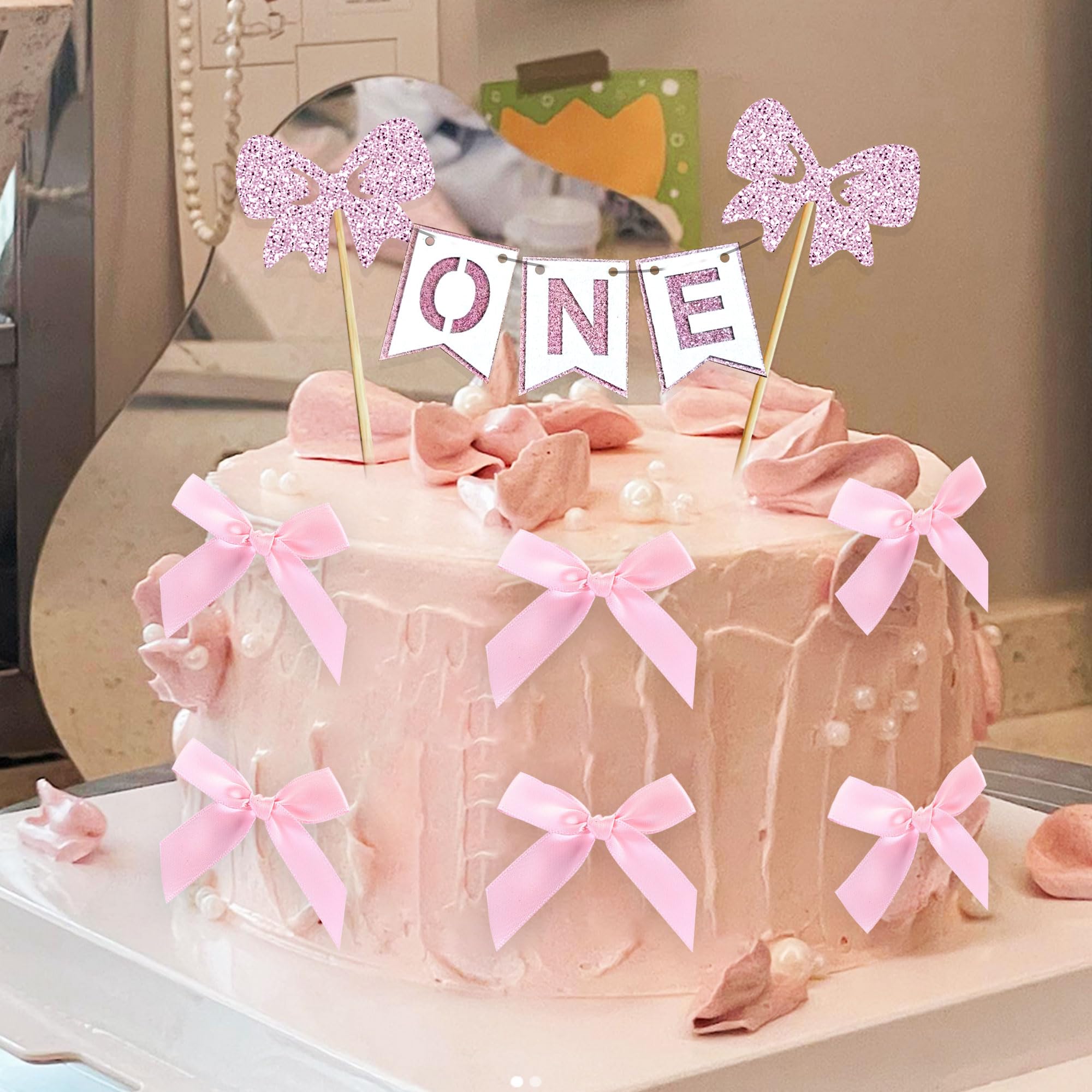 LINGANA Pink Bow Cake Topper - 7.3 Inch Tall Resin Coquette Cake Decor For First Birthday, Baby Shower, Princess Parties (Pink) - View #14