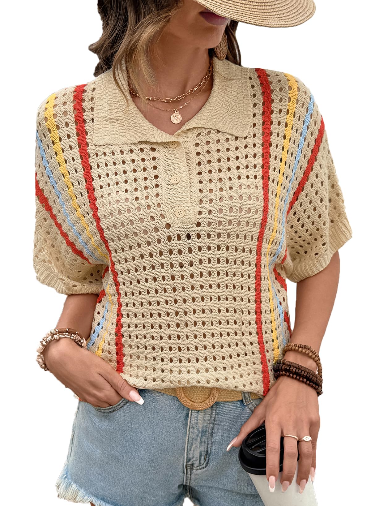 Dokotoo Summer Sweaters for Women 2026 Casual Button Up Polo Collar Short Sleeve Striped Boho Tops Crochet Knit