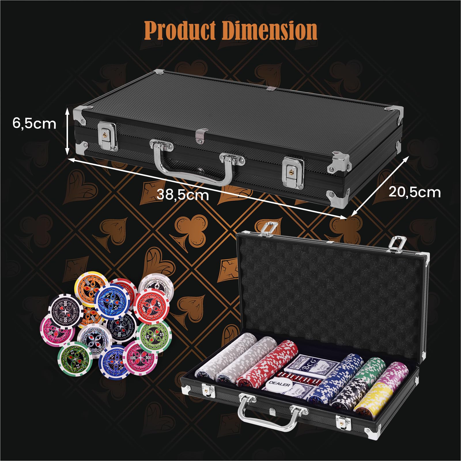 HOMASIS Set da Poker con 300 Chips, Valigetta da Poker con Serratura, Kit Poker con 2 Mazzi di Carte, 5 Dadi, 1 Bottone del Mazziere, Carte da Poker per Feste (Nero)