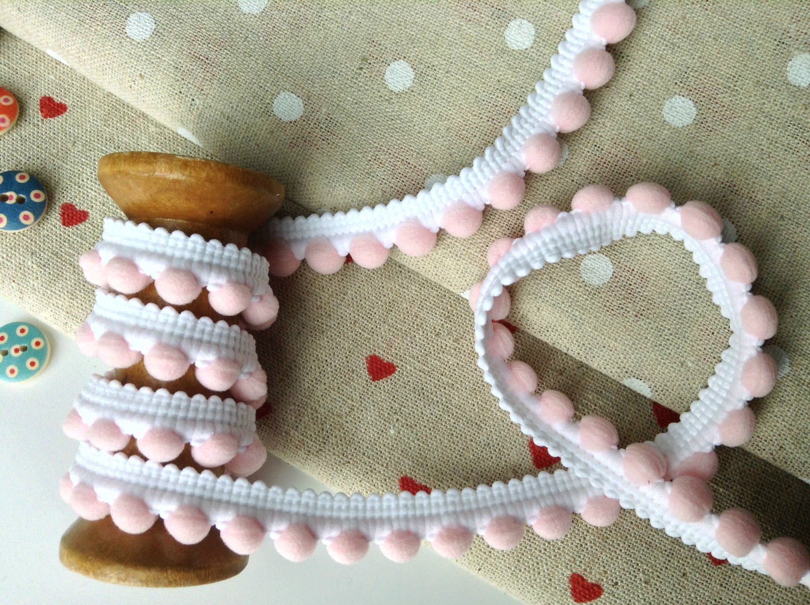 Homebuy White,Pink Pearl Pom Pom Bobble Trim Pompoms Size Mini 10Mm White/Baby Pink (Per Meter) #A