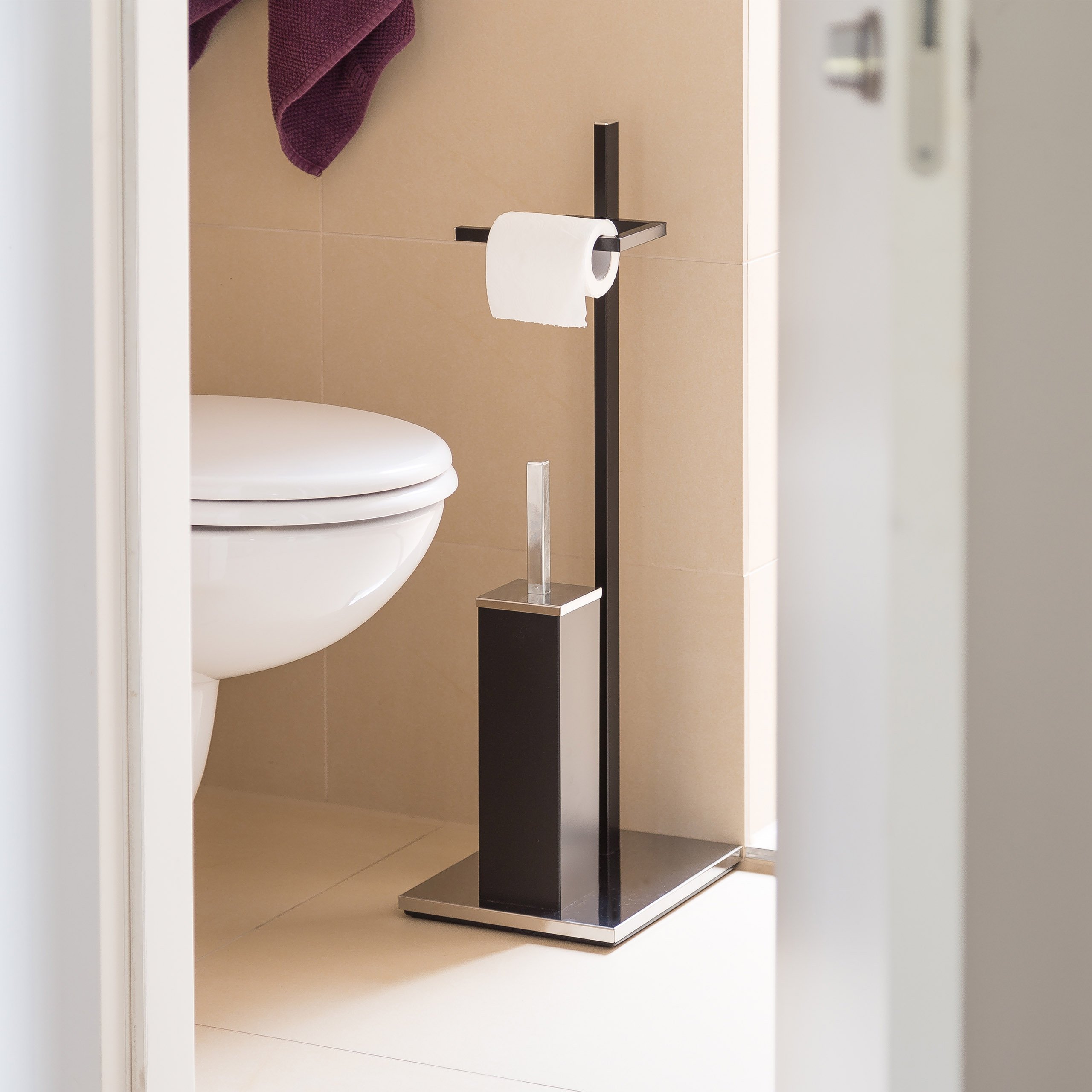 Relaxdays Piantana da Bagno HxLxP: 73 x 21,5 x 27,5 cm Porta Carta Igienica Scopino Contenitore Spazzolone Plastica Nero